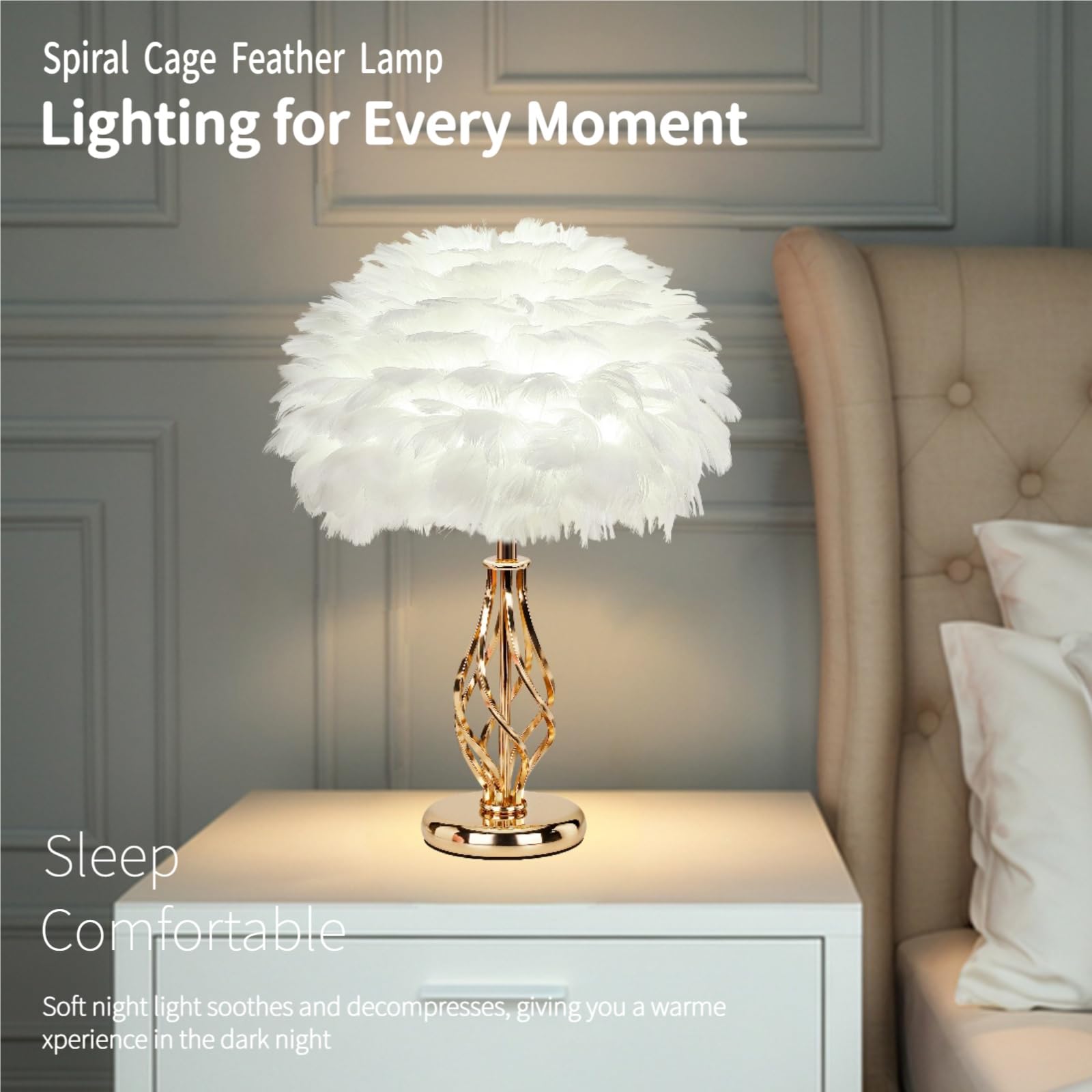 LINCWONZ Feather Table Lamp - Unique Golden Spiral Cage Base, 3-Color Temperature, 13.8in x 13.8in x 18in, White