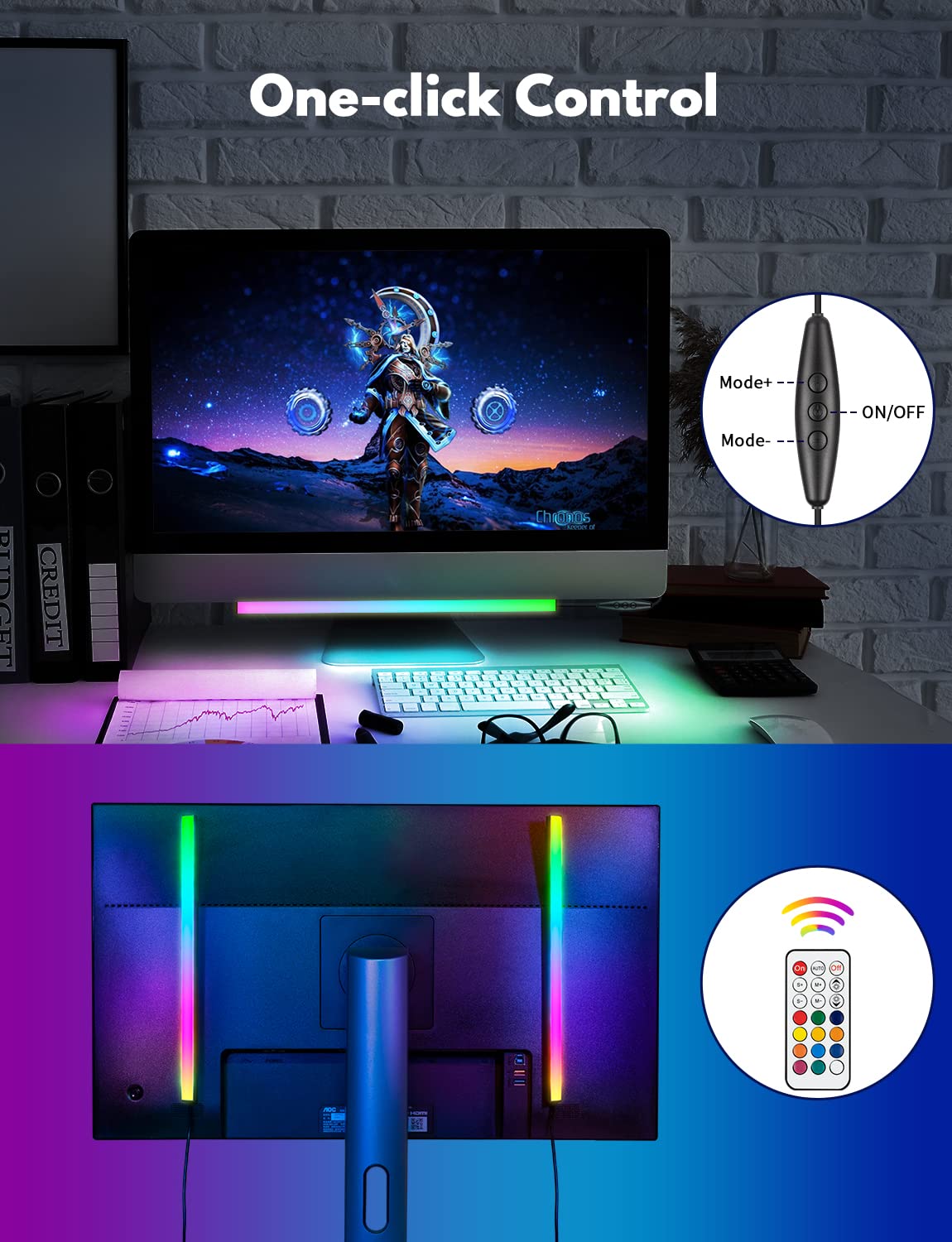JUSJUBR Under Monitor RGB Light Bar, LED Desk Light, 12 Inch, Aluminum, Black, USB Powered, 353 Color Modes, Wireless Remote