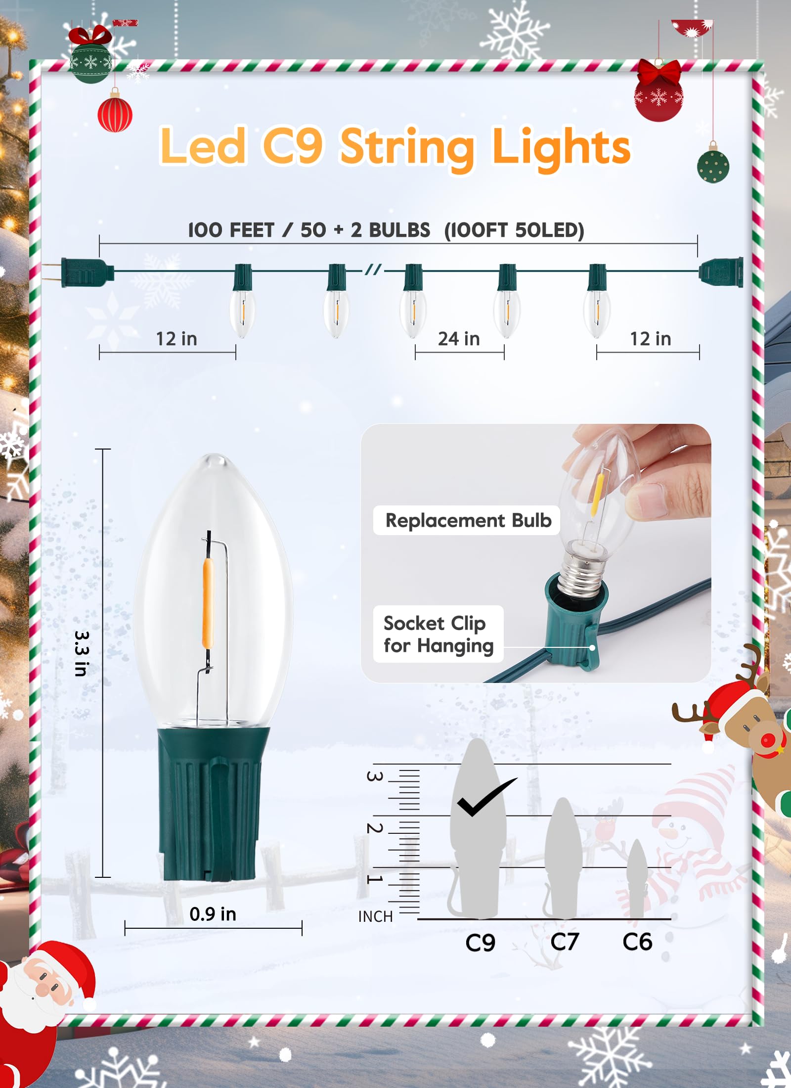 Vintage C9 Led Christmas Lights Outdoor, 100 Feet C9 String Lights With 50 Shatterproof C9 Bulbs, Waterproof Connectable Christm