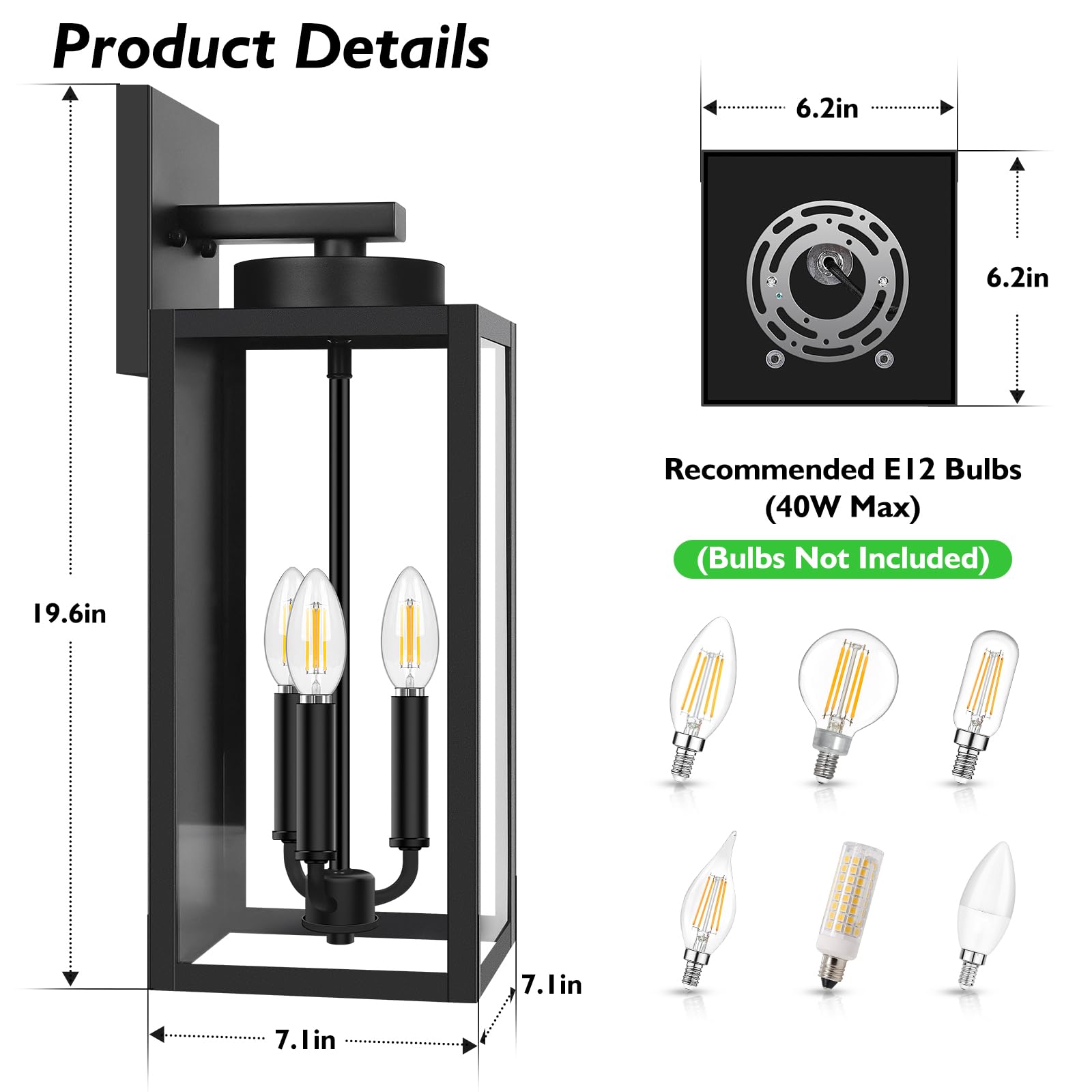 BesLowe 19.6” Outdoor Wall Light Fixture, 3-Light Waterproof Lantern, Black Metal Sconce for Porch, Model B07057P