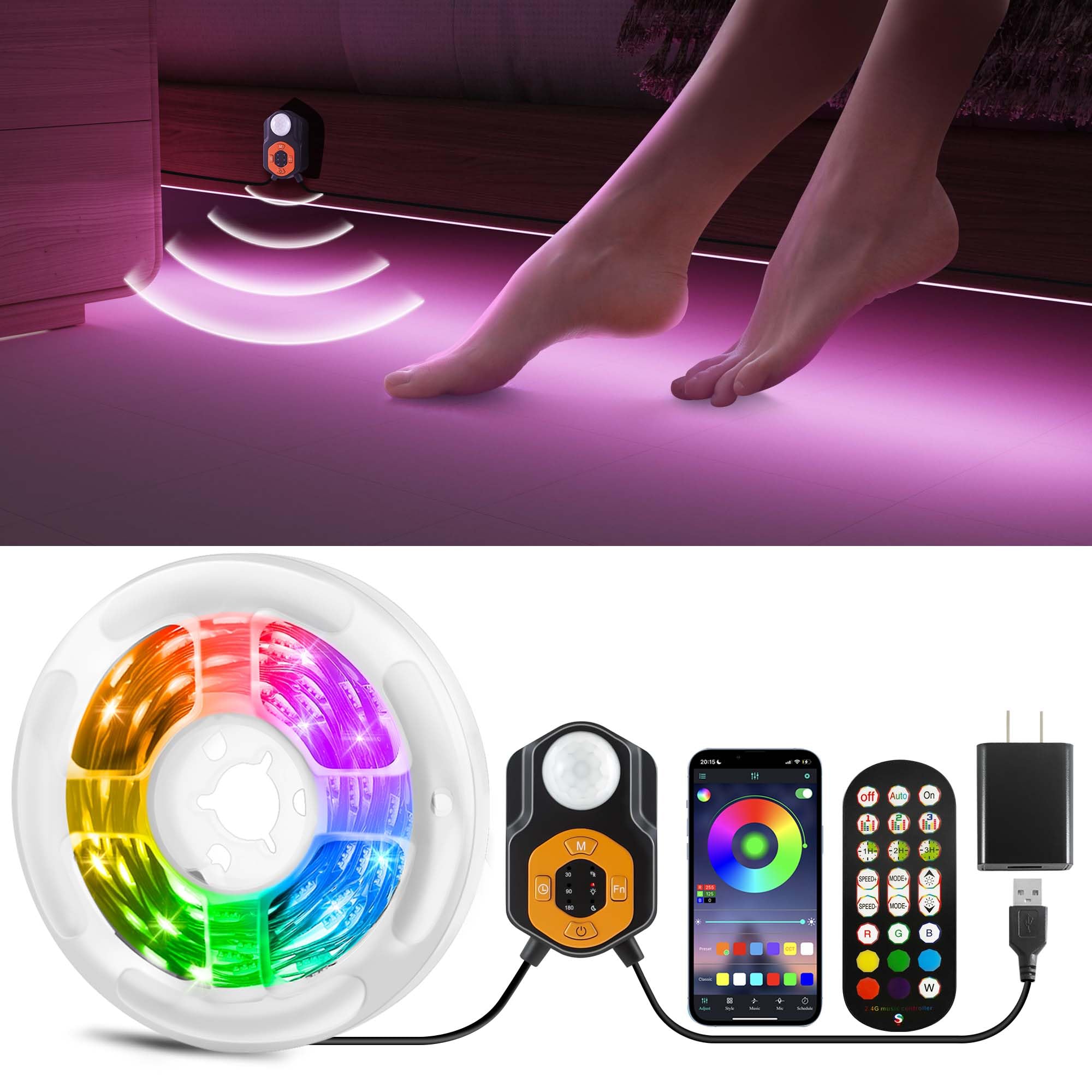 Auplf Under Bed Lights Motion Sensor LED Light Strip, 9.84ft 3 Mode RGB Motion Activated Bed Light with Music Sync and Timer, Co