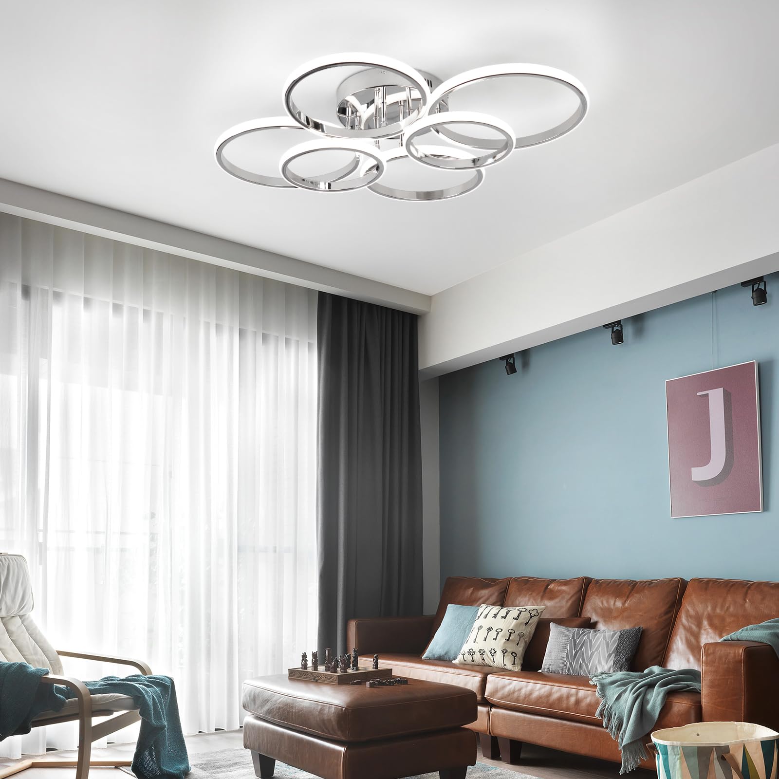 Sovinzert Modern Ceiling Lights, 6 Rings Dimmable Chrome Led Ceiling Light Fixtures With Remote Control, 60W Close To Ceiling Li
