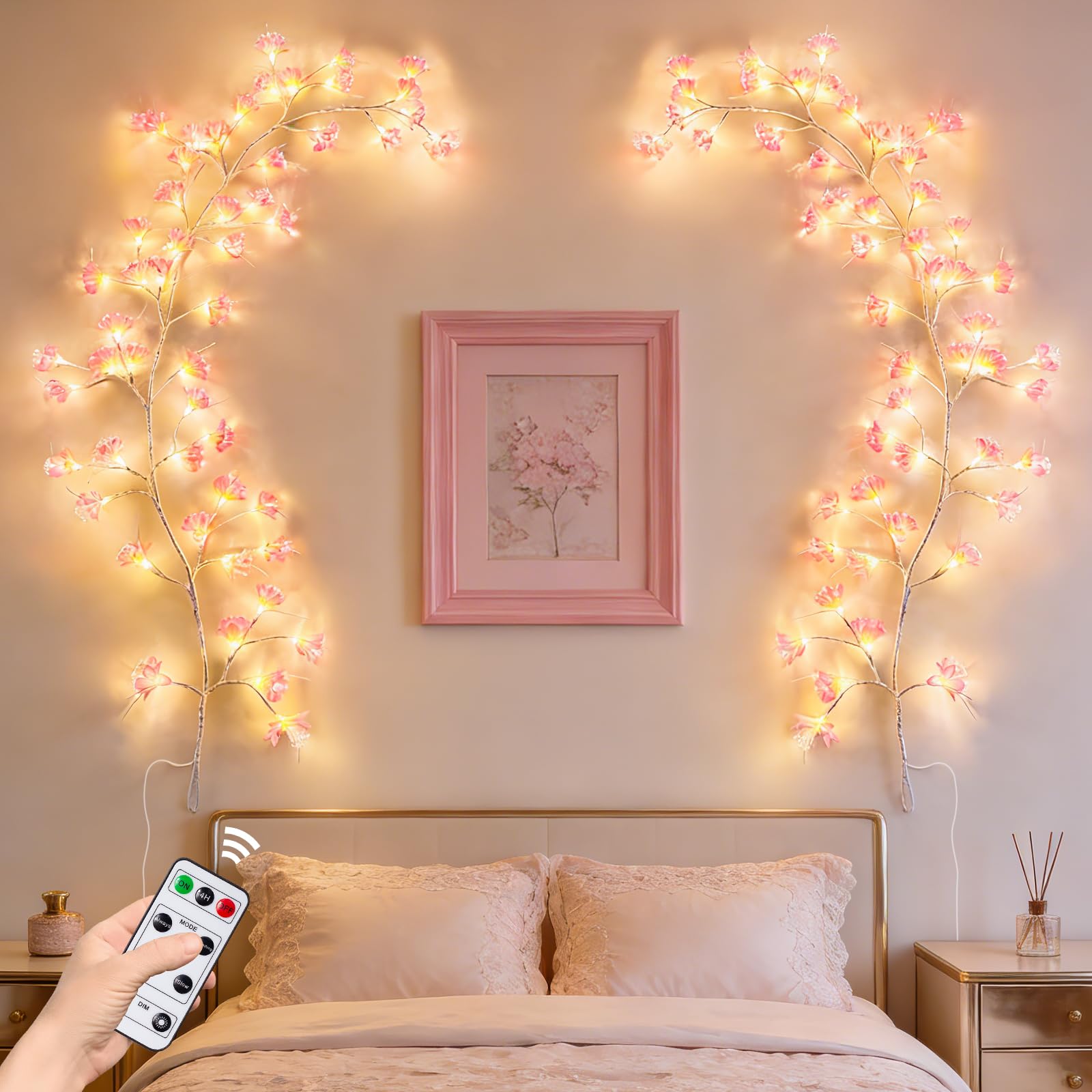 Cherry Blossom Tree Branch Lights: Cherry Blossom Willow Vine Garland with 54 LED Light and Remote for Wall Decor - 4 Lighting M