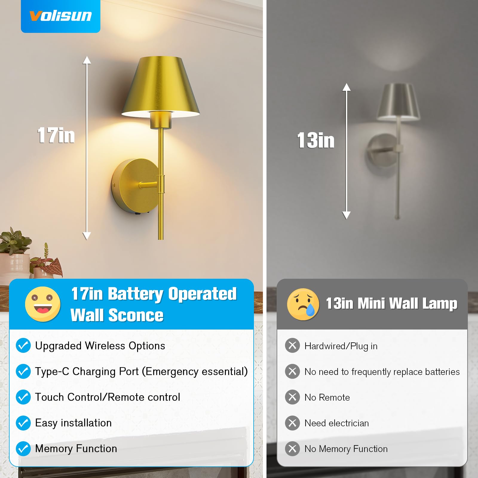 VOLISUN Battery Operated Wall Sconces Set of Two, Brushed Gold, Rechargeable with Remote, LED Lights for Living Room, Bedroom, Hallway