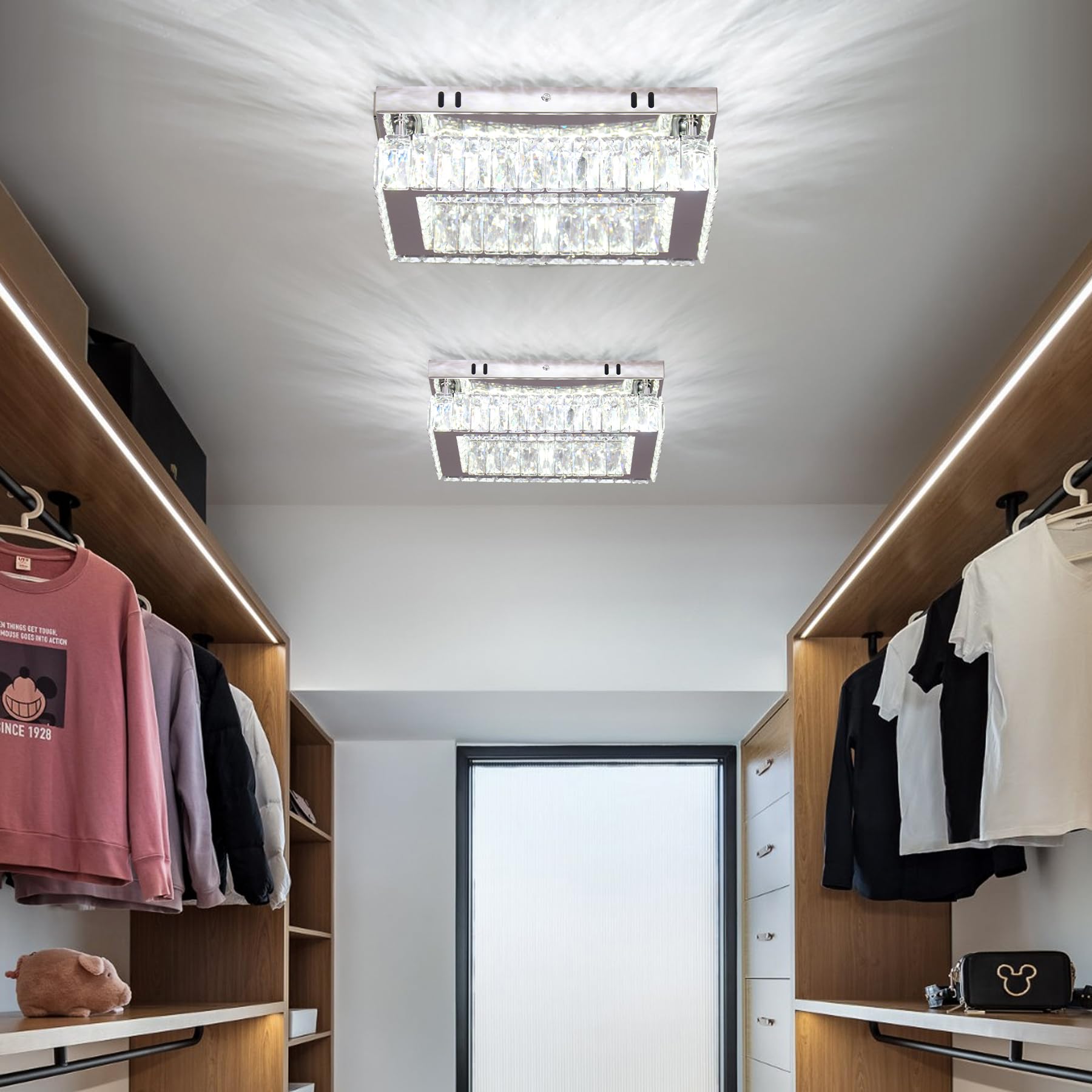 Finktonglan Dimmable Led Crystal Ceiling Light, Rectangular Stainless Steel Chandelier Fixture