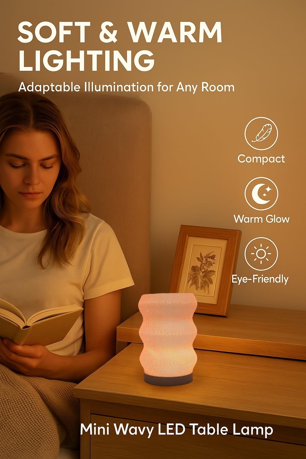 Delta Loom Wave Table Lamp - Modern LED Light - Mini Size - White Plastic - Ideal for Bedroom, Desk, Nightstand, or Office Decor