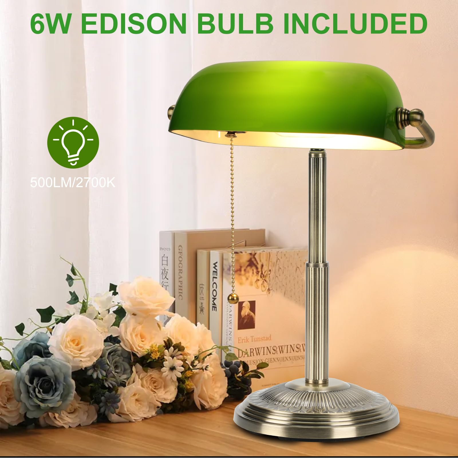 Linnmon Bankers Desk Lamp, Green Retro Lamp, Vintage Lamp With Pull Chain Switch For Home Office, Led Bulb Included (Brass+Green