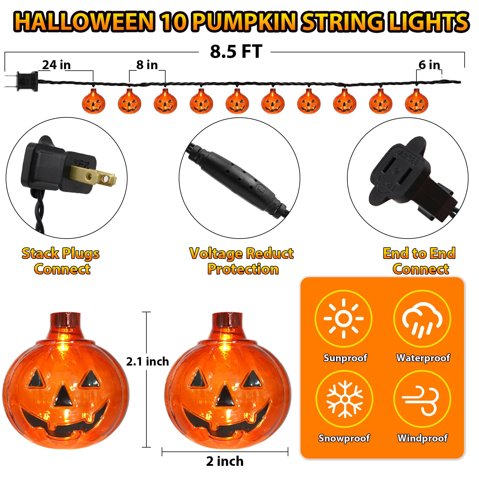 SUNSGNE Halloween Pumpkin LED String Lights, 8.5Ft Waterproof, 10 Jack O Lanterns, Outdoor Indoor, Orange, Model LR-LED-L-10E/1F-D22