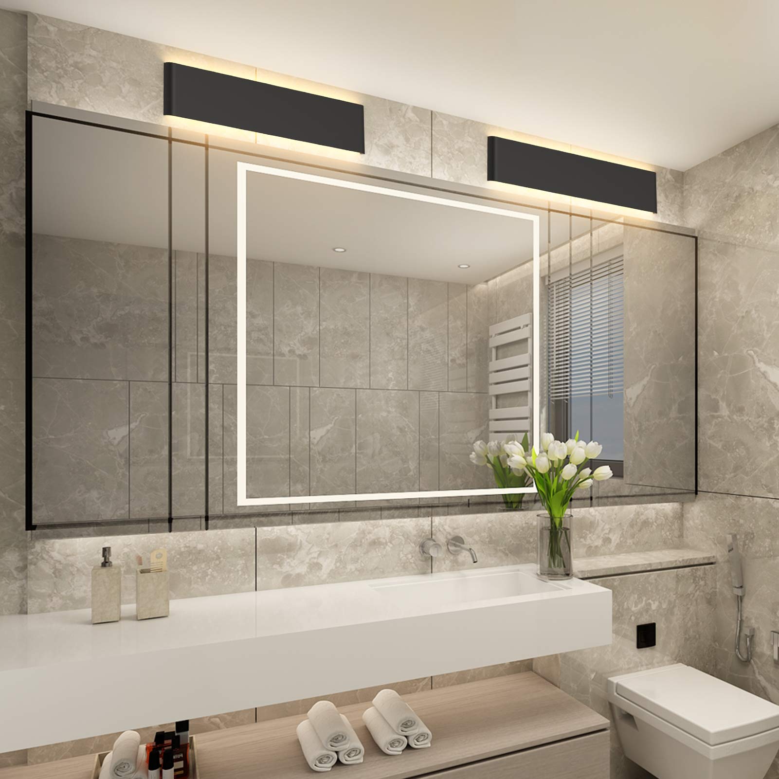 Aipsun 20W LED Wall Sconce, 24" Rectangular Black Indoor Light, Warm White 3000K, Aluminum, Model Ca-A065-61-BL-3000K