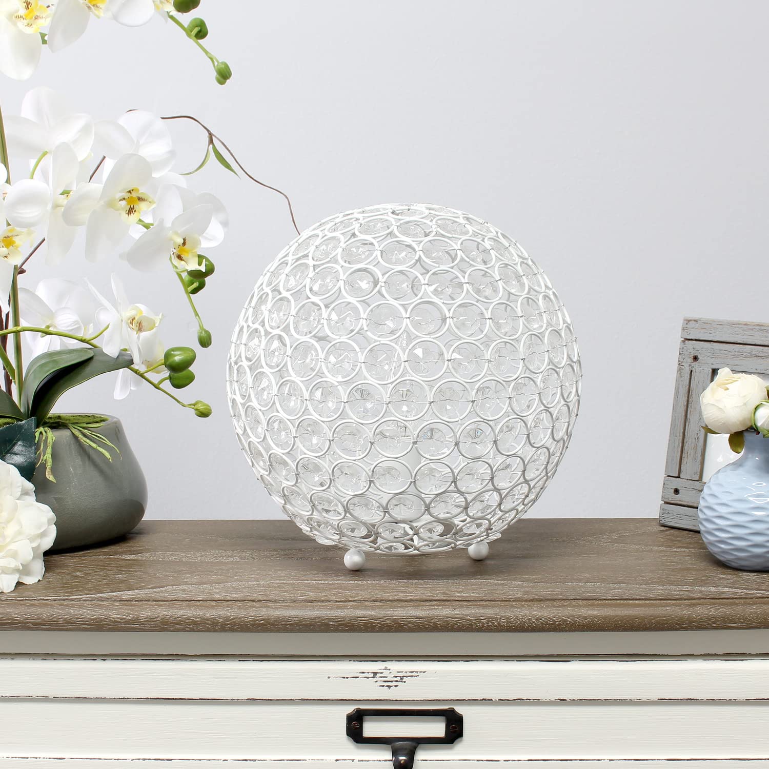 Lalia Home 10&quot; White Metal Crystal Table Lamp - Contemporary Glam Round Sphere Design