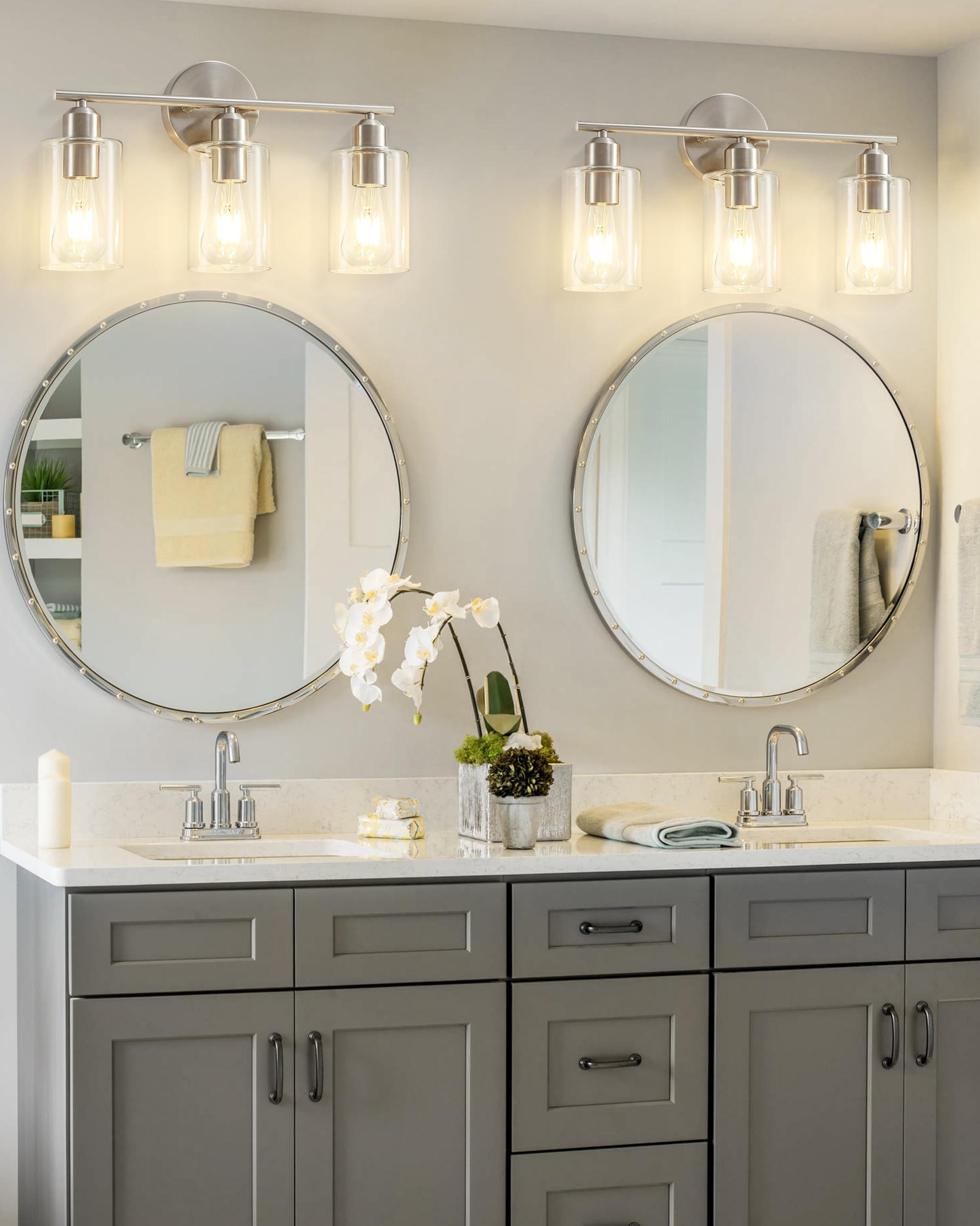 Seable 3-Light Brushed Nickel Bathroom Vanity Lights, Modern Glass Shade Wall Sconce - 2 Pack