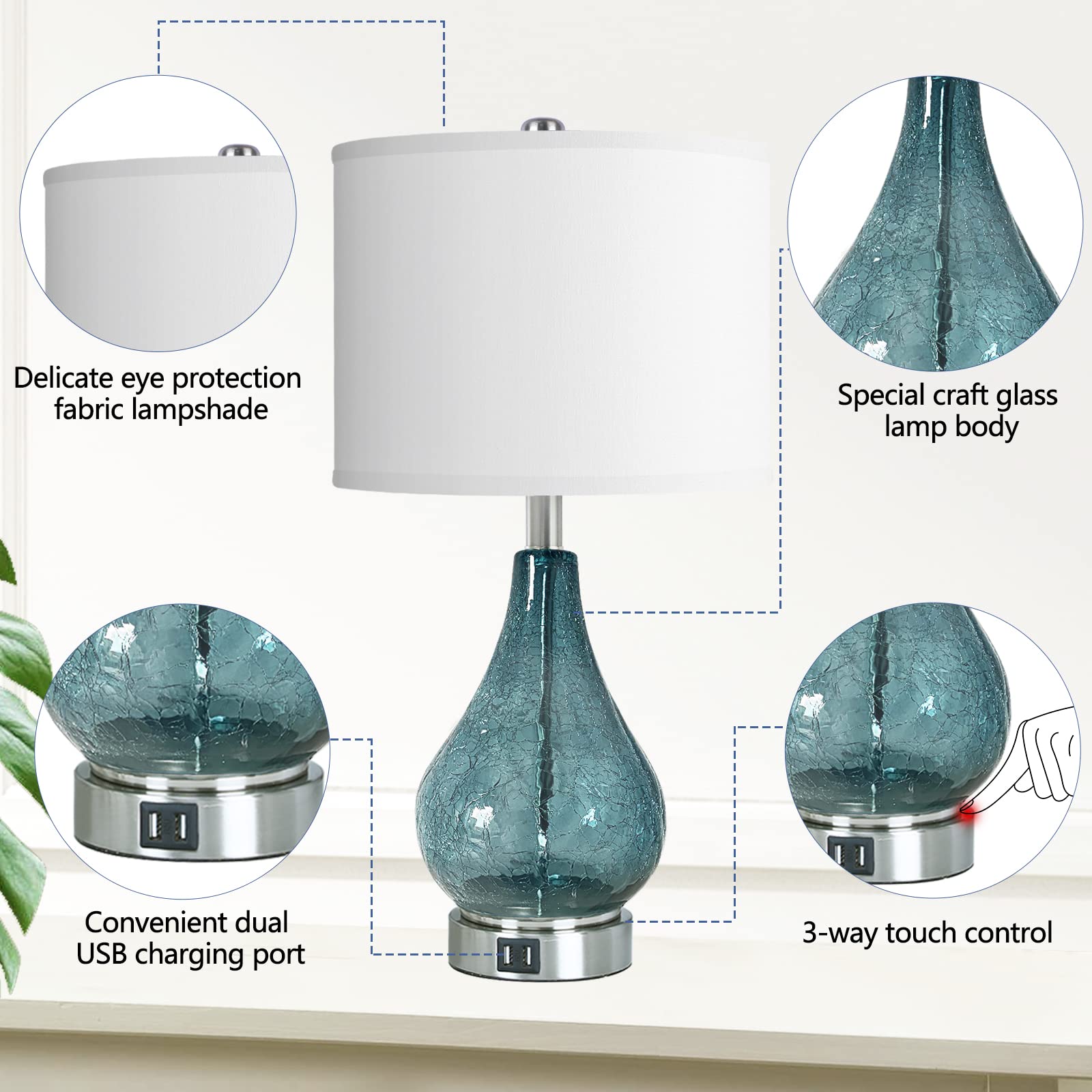 QiMH Glass Table Lamp Set of 2, 22.5" LED Touch Control, Blue 3-Way Dimmable Modern Bedside Lamps with White Fabric Shade