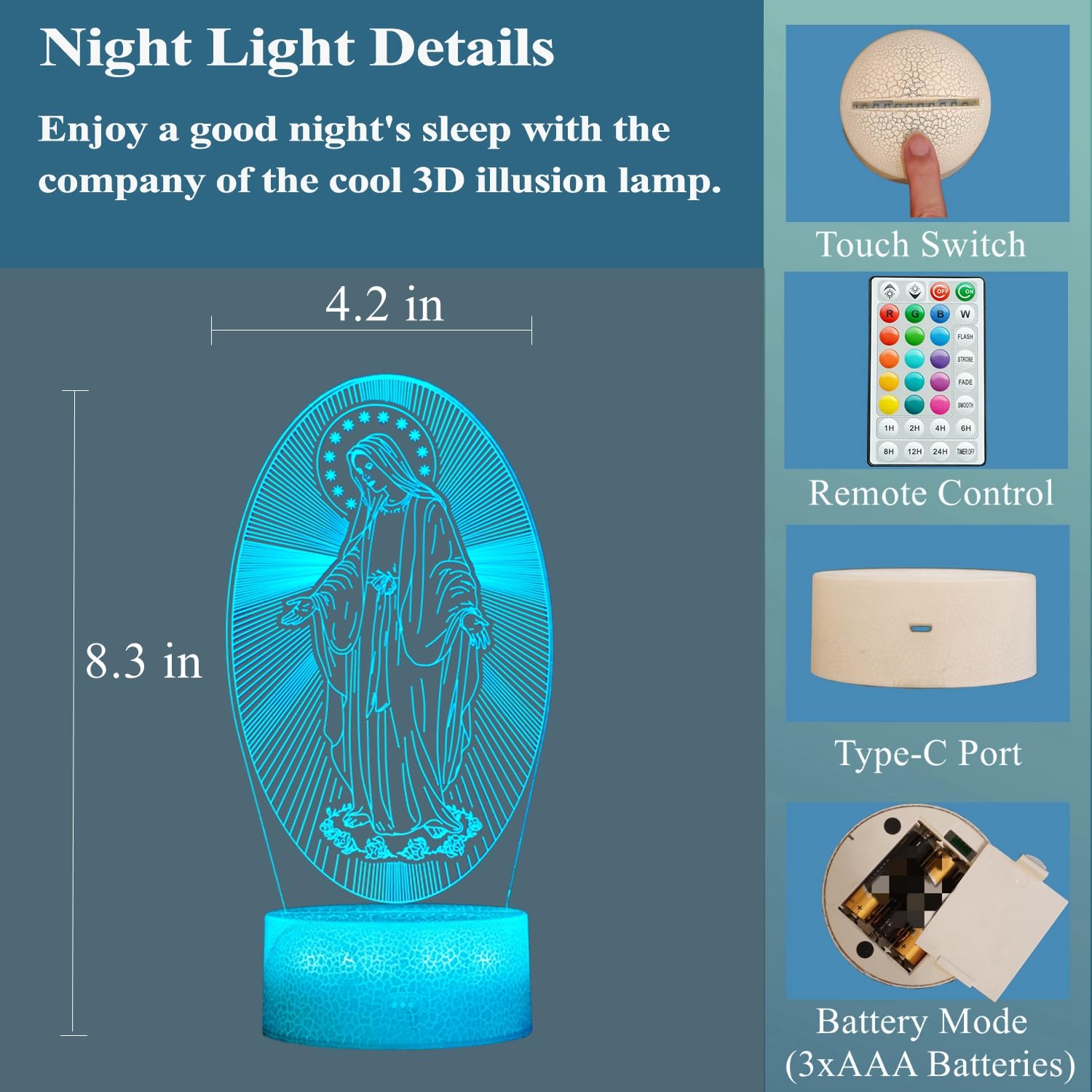 POSSHE 3D Virgin Mary Night Light, 16 Color Changing, Remote Control, 8.3" H, ABS Material, Model MY-3D LAMP-CRACK