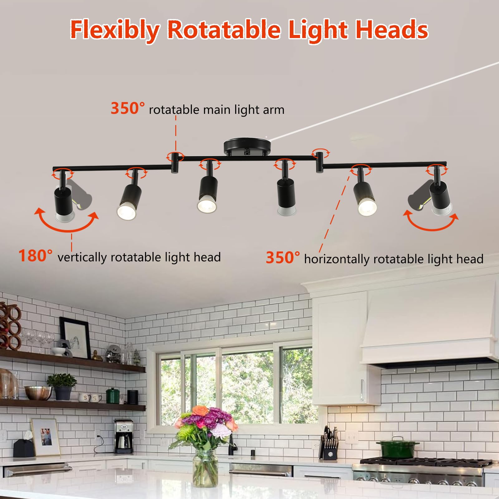 Vivihobb Dimmable Plug In Track Light Black 6 Light Plug In Ceiling Lighting Fixture With 16.4 Long Cord 6 Way Ceiling Spotlight Rotatable Wall Mount Light Head Led Dimmable Spot Bulbs Included