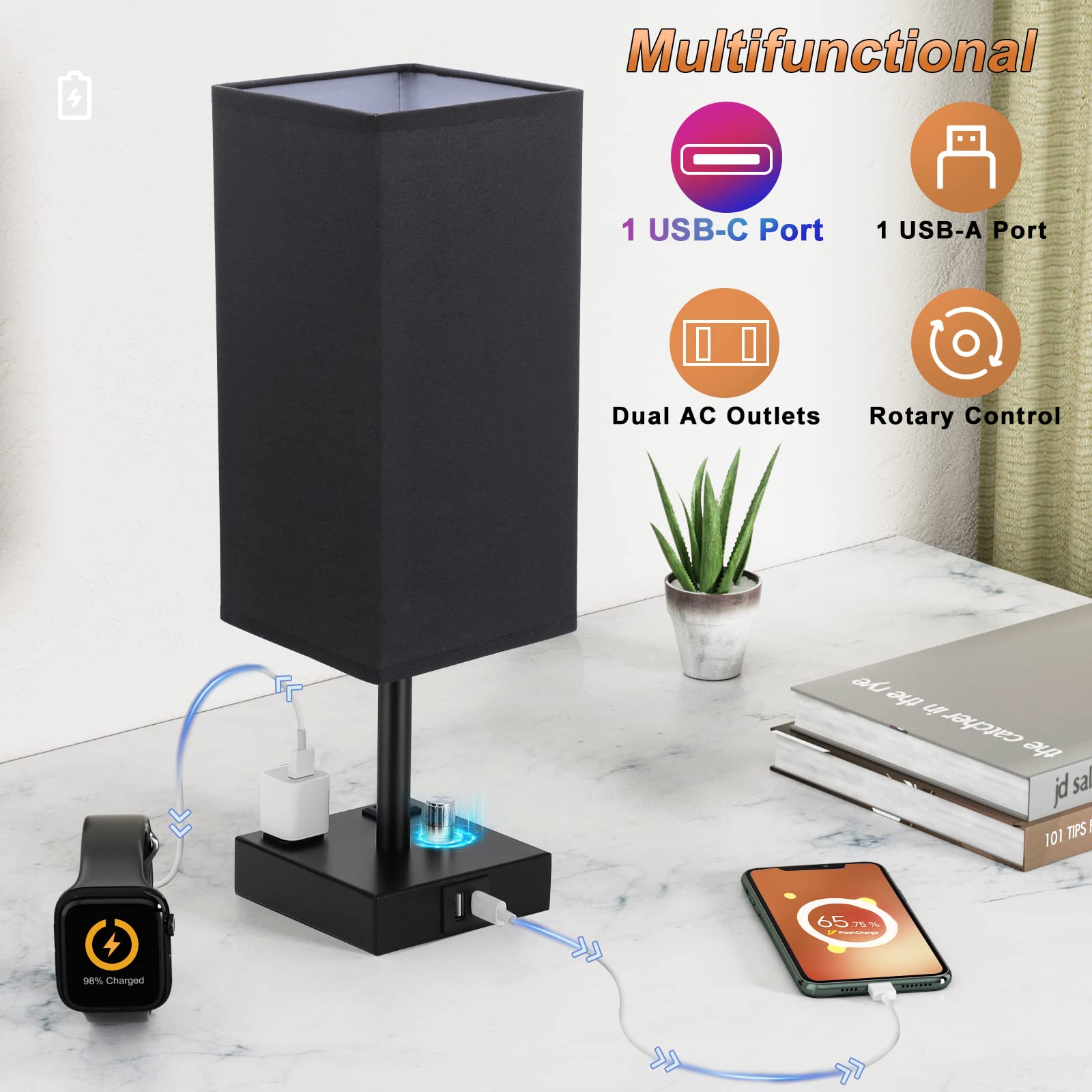 Black Fully Dimmable Nightstand Lamps Set Of 2 - Table Bedside Lamp With Usb C+A Charging Ports & 2 Ac Outlets, Square Lamp Sets