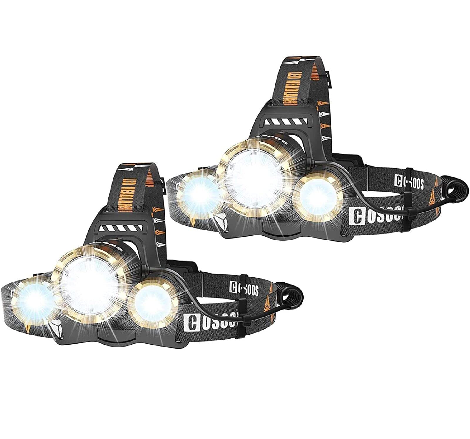 COSOOS 2 LED Headlamp Rechargeable, Bright Headlamp Flashlight, 2500 Lumen, Zoomable 4Mode Waterproof Head Lamp for Adults, Har