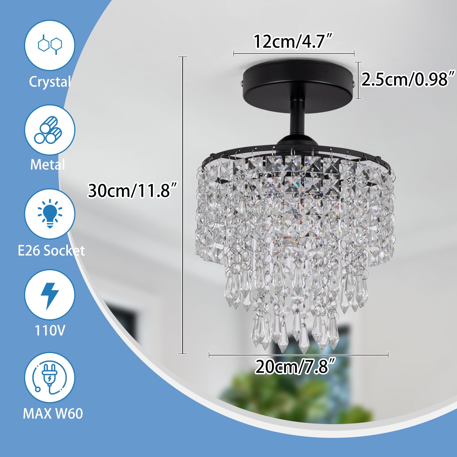 Hongnuofc 8'' Black Chandelier 3-Tier Crystal Raindrop Flush Mount Ceiling Light Fixture Mini Chandelier Light For Bedroom Kitch
