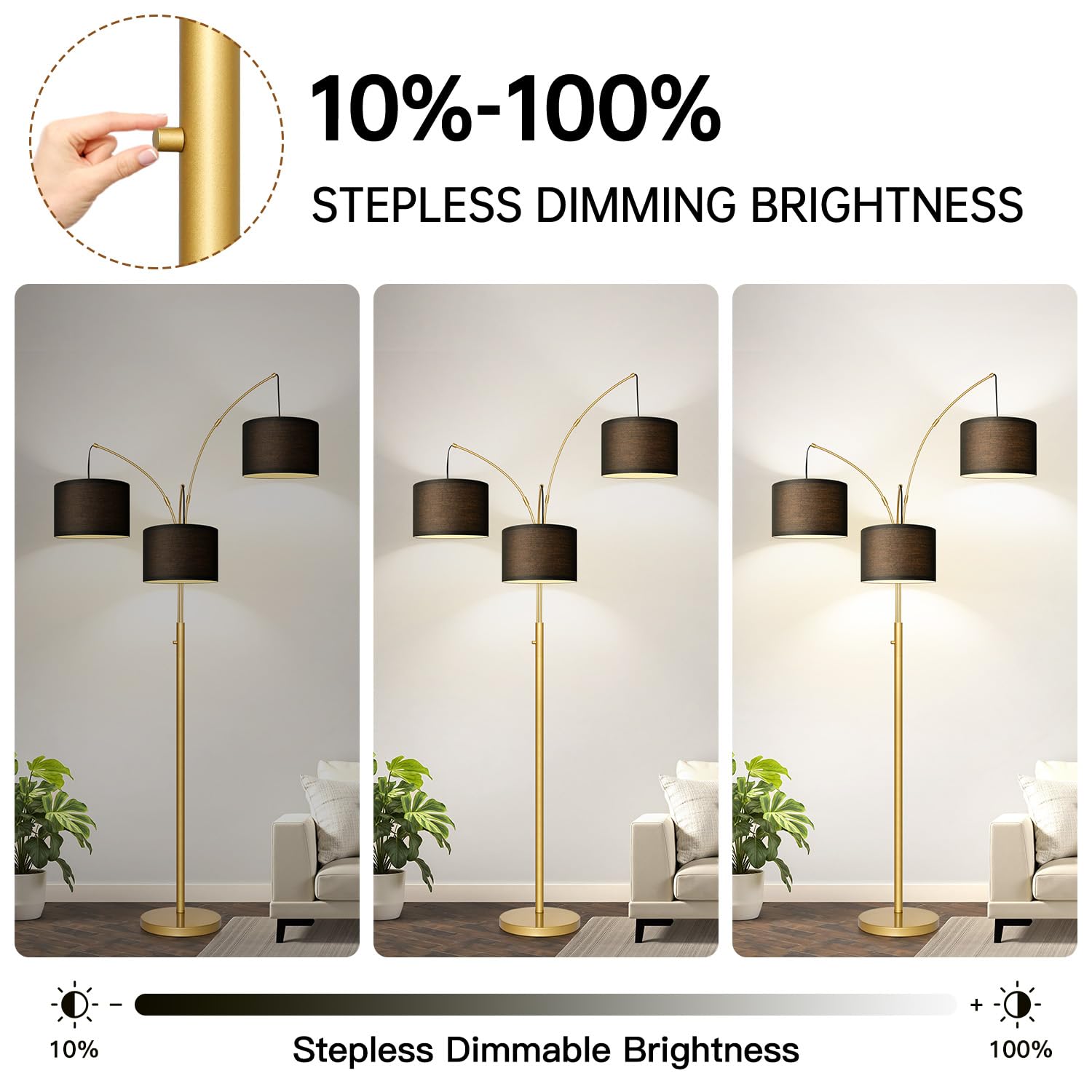 Nintiue Dimmable Floor Lamp - 3 Lights Gold Floor Lamps For Living Room With Black Shades & Heavy Base, Mid Century Tree Floor L