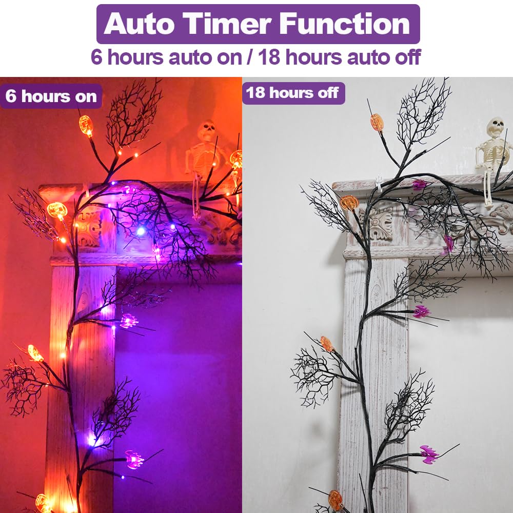 PALONMY Halloween Decor Lights 8.86FT 72 LED Willow Vine Twig with Timer Battery Operated Garland Lights with Orange Pumpkins Pu