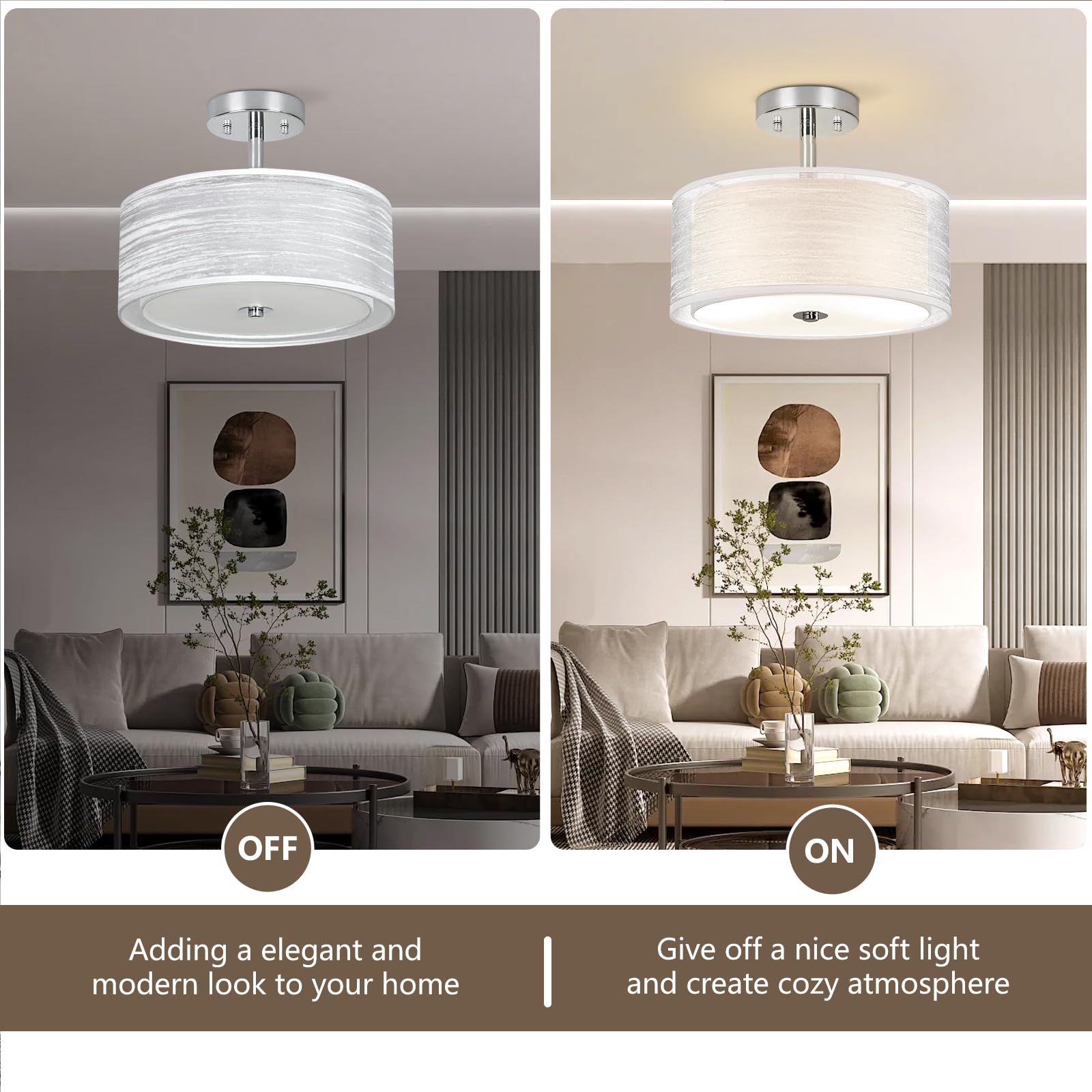 Ceiling Light, 3-Light Ceiling Light Fixture, Semi Flush Mount Ceiling Light, Light Fixtures Ceiling Mount With Double Fabric Shade, Bedroom Lights For Ceiling,Gray Ceiling Light Fixtures For Bedroom