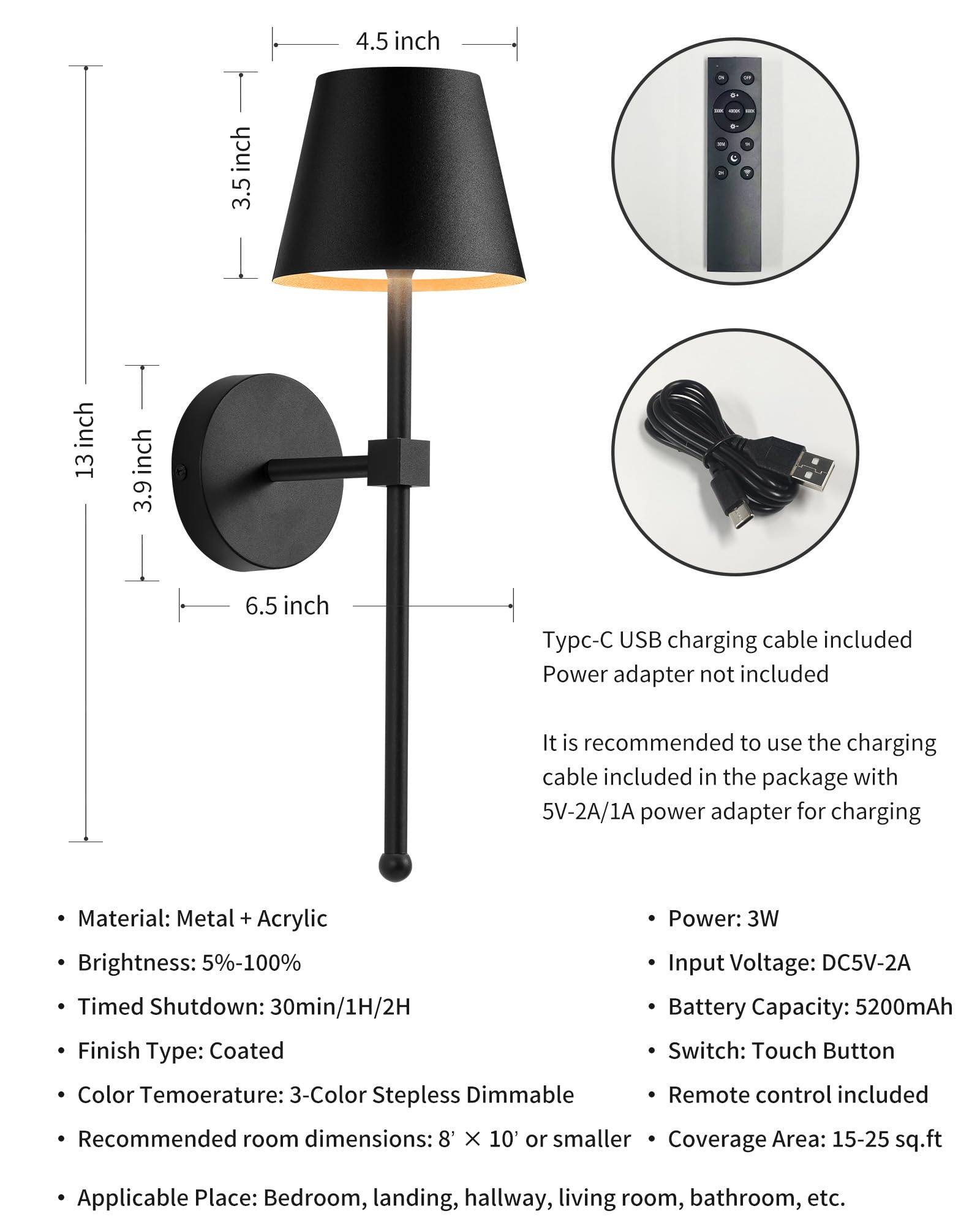 KDG Wireless Wall Sconces Set of 2, Small Rechargeable LED Lamps, Stepless Dimming, Black, Model AMZ-TBL-036, Perfect for Living Room & Bedroom