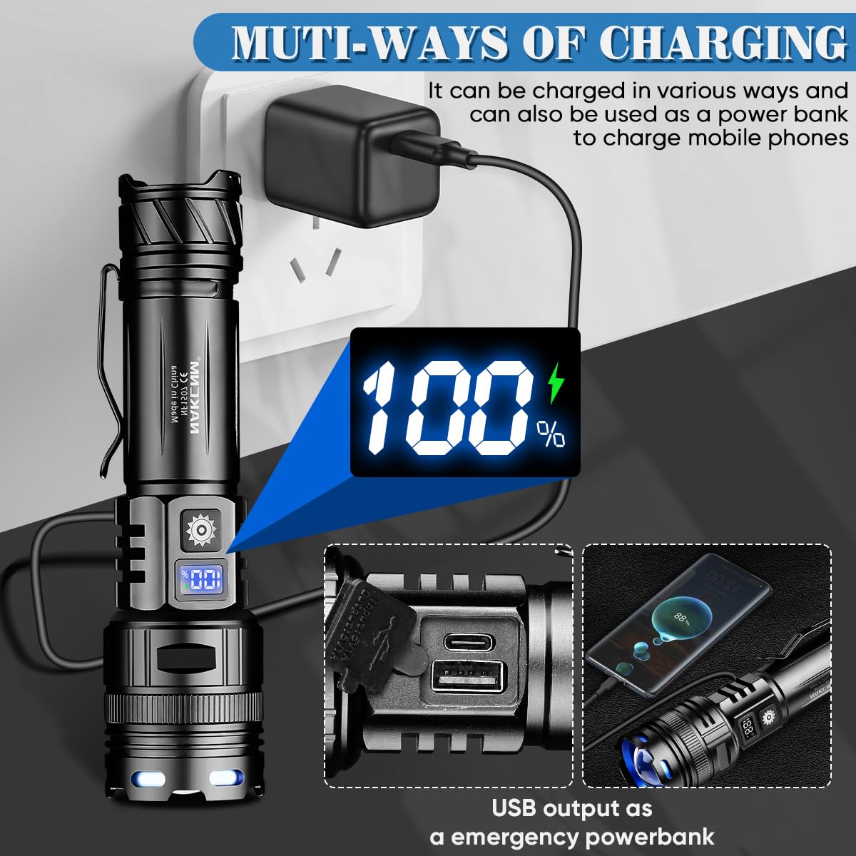 NAKCNM LED Flashlight NF1607 - High Lumens, Rechargeable, Super Bright, Black, with Clip & Digital Display for Home & Hiking