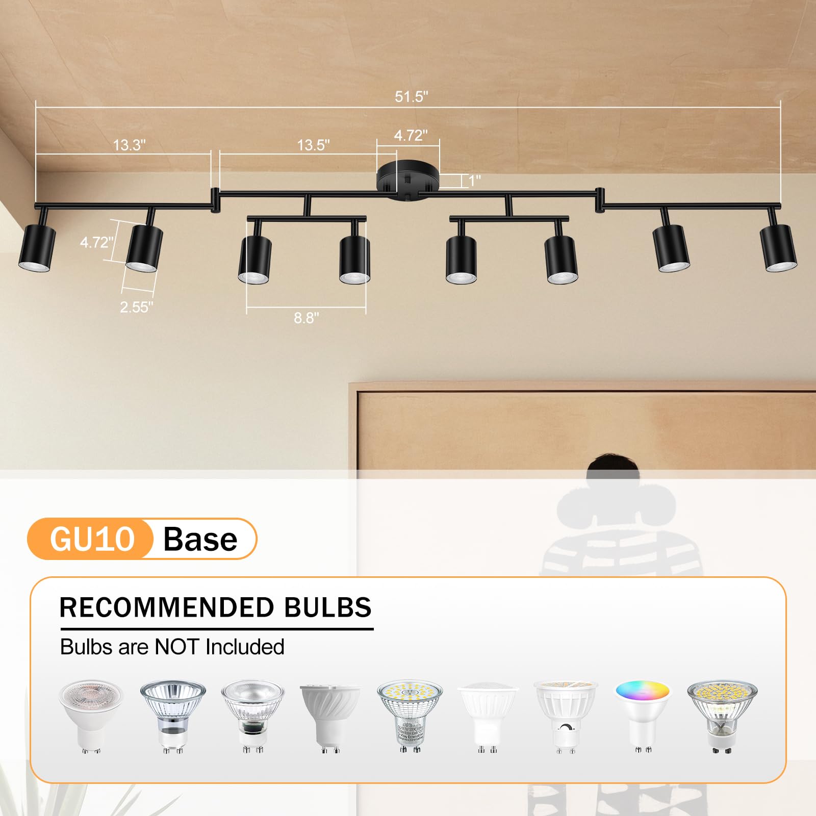 Black Track Lighting Fixture Ceiling, Modern Track Light Fixtures Kitchen, 8-Light Rotatable Led Track Lights, Semi Flush Wall S