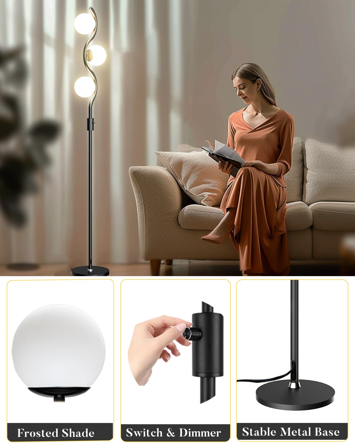 Lightdot 60In 3-Globe Dimmable Black Floor Lamp Mid Century Standing Lamps With 3Pcs 3000K Warm White G9 Bulbs Stepless Brightne