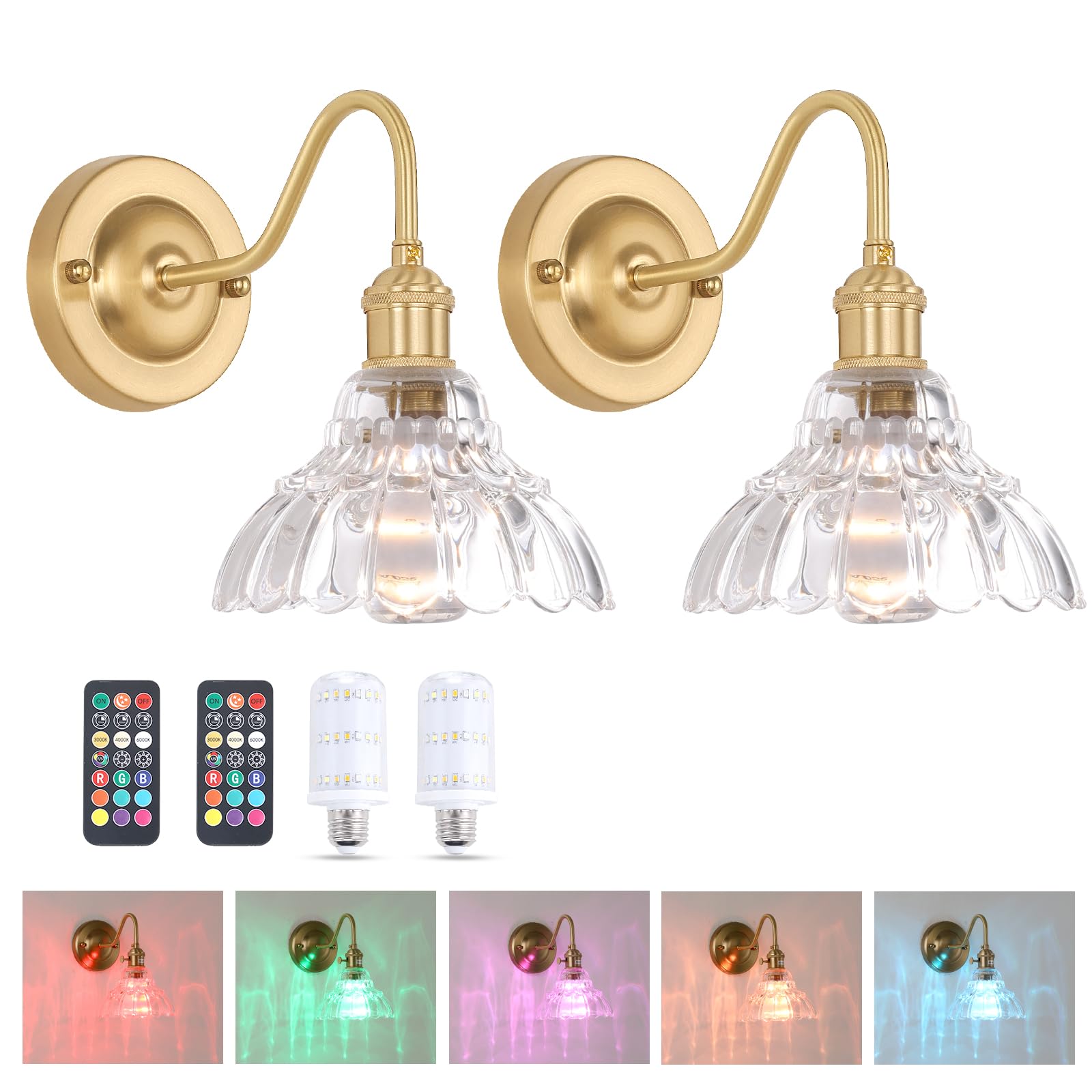 Shenmoyl Battery Operated Wall Sconce Set of 2  Vintage Rechargeable Wall Lights with Clear Lily Glass Shade  Wireless Indoor Wall Lamp with Remote for Bedroom Living Room Bathroom