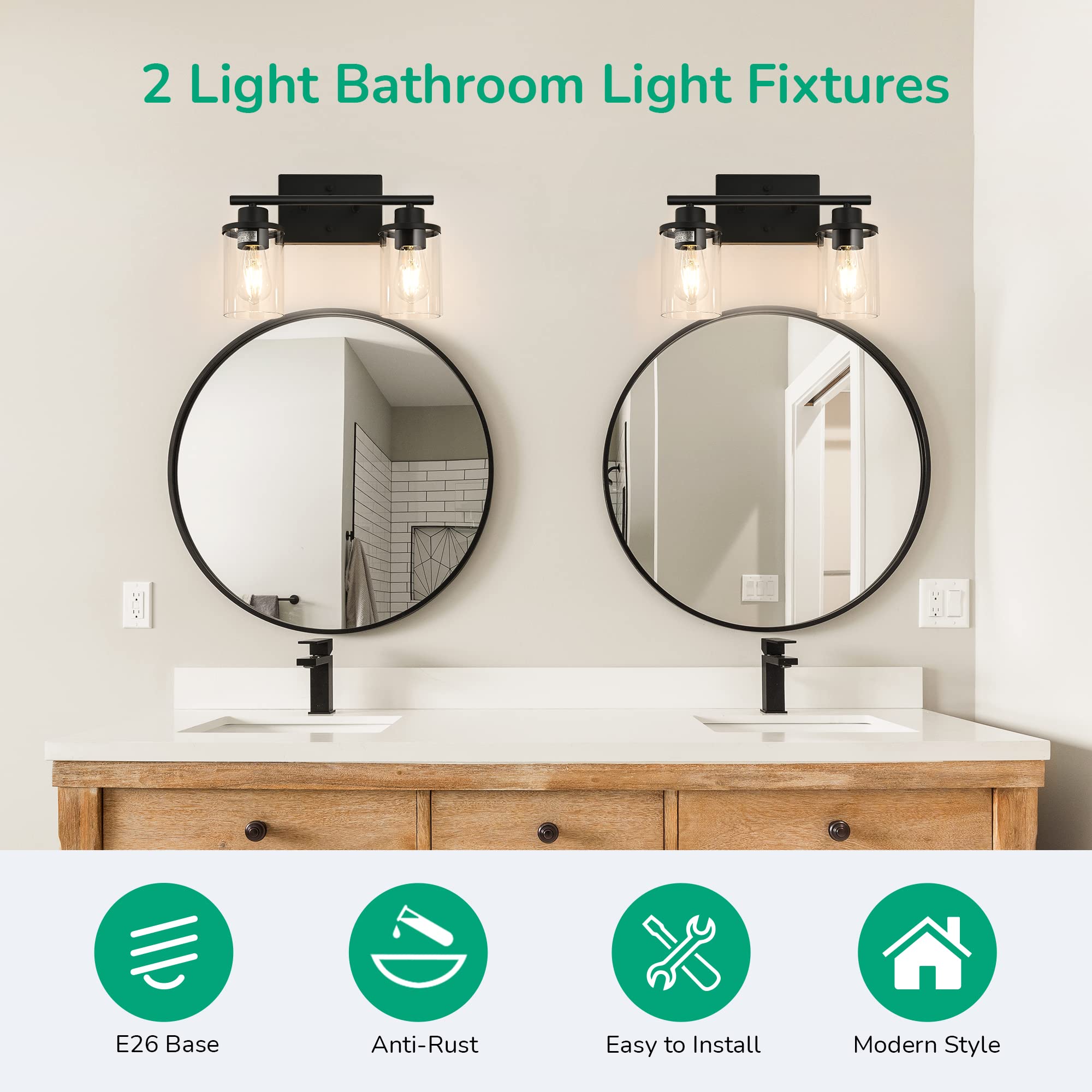 EDISHINE 2 Light Bathroom Vanity Light, Matte Black with Clear Glass Shades, ETL Listed
