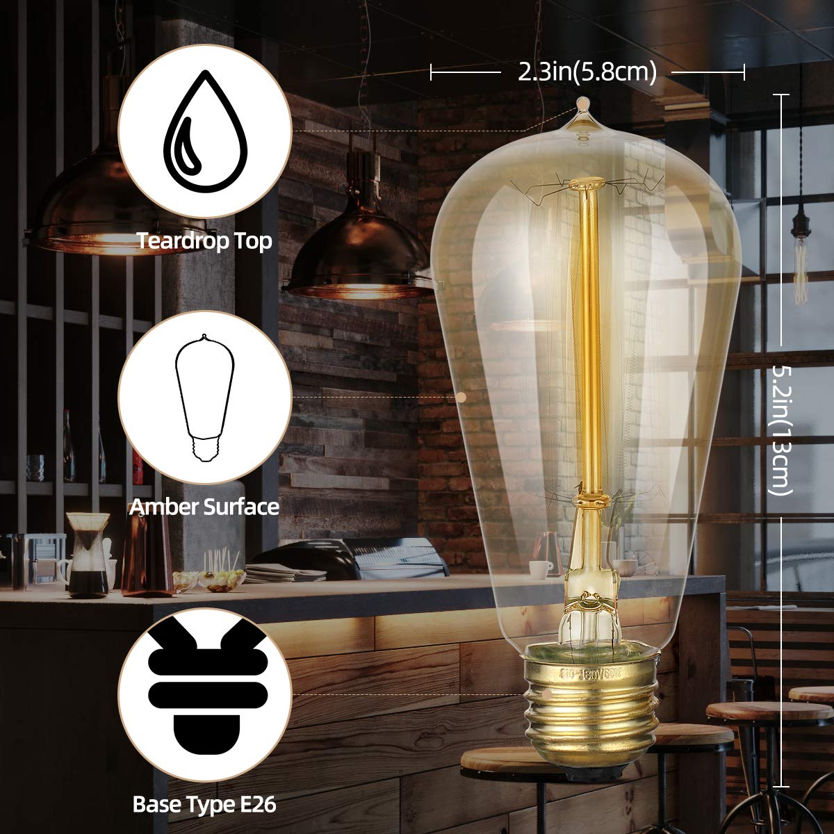 Hession 6-Pack Edison Light Bulbs, 60W Vintage Edison Bulb, Squirrel Cage Filament Edison Bulbs, E26 Base - Amber Glass Warm Whi