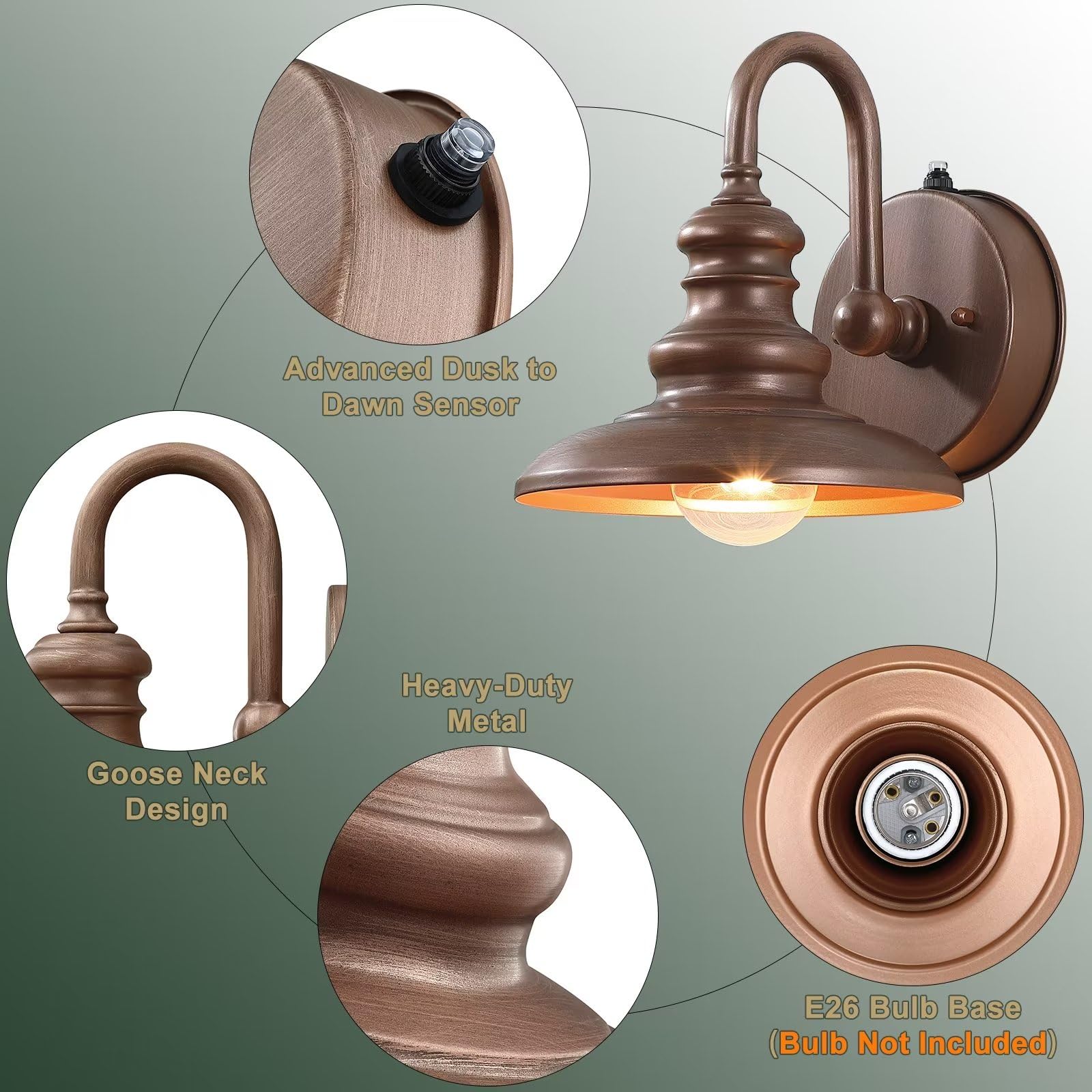 LONEDRUID Outdoor Gooseneck Barn Light, Waterproof Wall Sconce, Rustic Bronze Finish, Ideal for Porch, Garage, and Patio