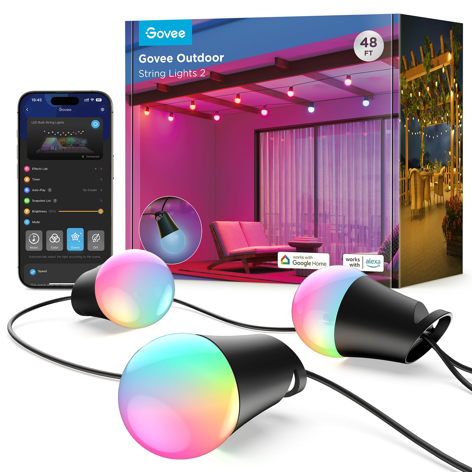 Govee Smart Outdoor String Lights, 48ft RGBIC, Dimmable Warm White LED, IP65 Waterproof, Model H7037