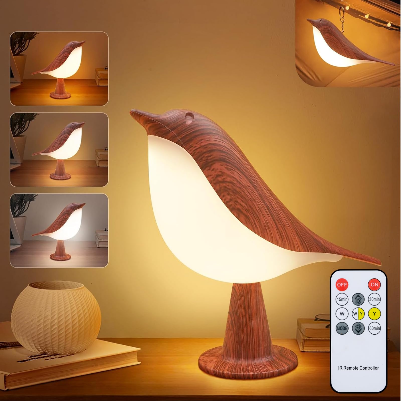 Hogxuae Small Desk Lamp, Bird Cordless Table Lamp With 3 Color Temperature Dimmer And Touch Sensor - Rechargeable Battery Night
