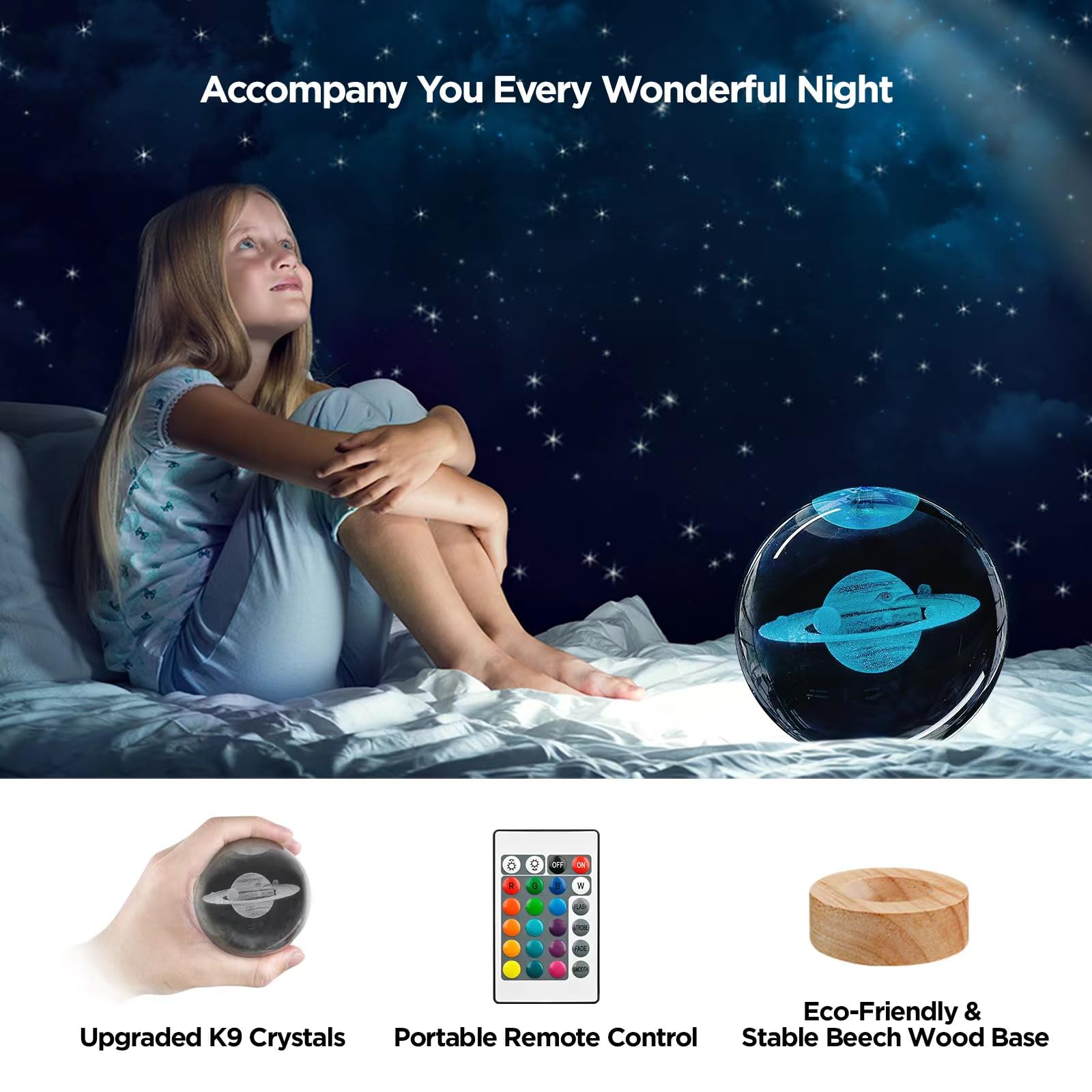 Huntalg 3D Saturn Crystal Ball Night Light Upgraded 3.15 In Saturn Planet Glass Sphere Lamps With 16 Color For Birthday Holiday,