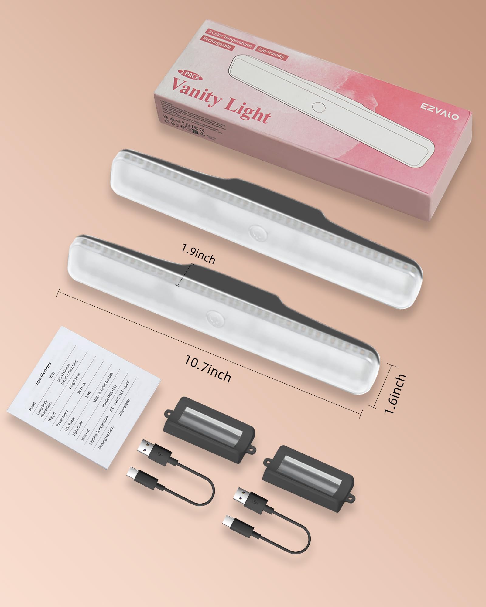 EZVALO Wireless Makeup Light 2 Pack - Rechargeable Vanity Lights, 3 Color Temperatures, Adjustable Angle, Black, Model VL01
