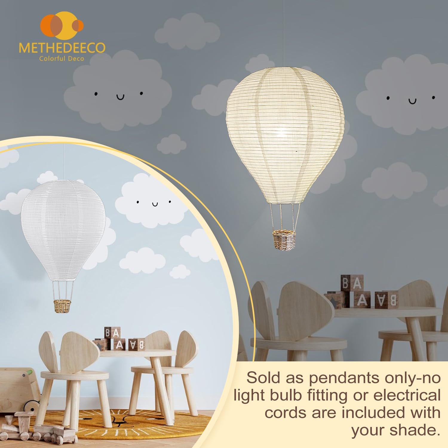 METHEDEECO Hot Air Balloon Lampshade - 14 Inch White Pendant Light Shade for Kids Nursery & Living Room Decor