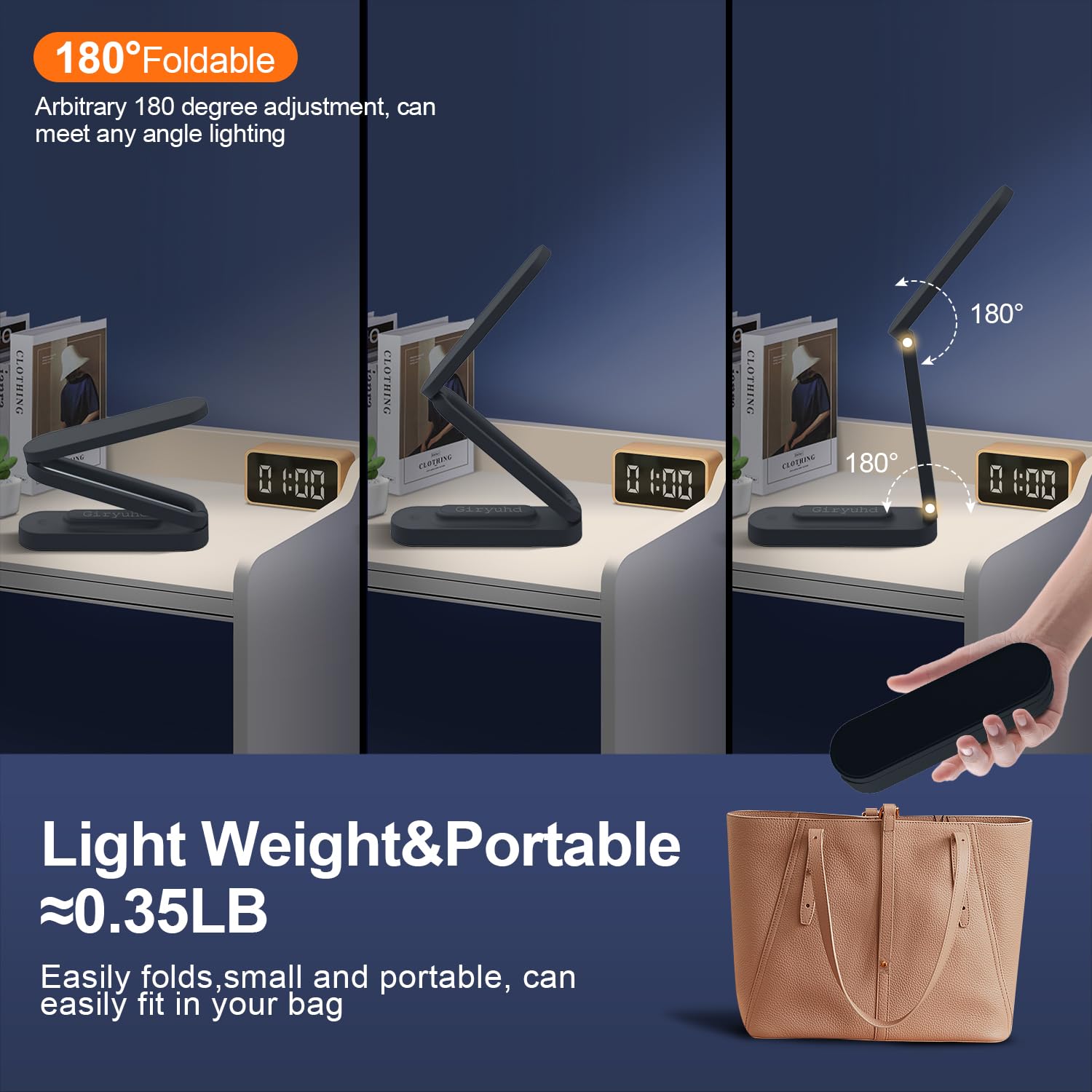 Giryuhd LED Desk Lamp - Rechargeable & Portable, 3 Brightness, 6.8x1.8x1.6in, Black-2Pack, Model A211,