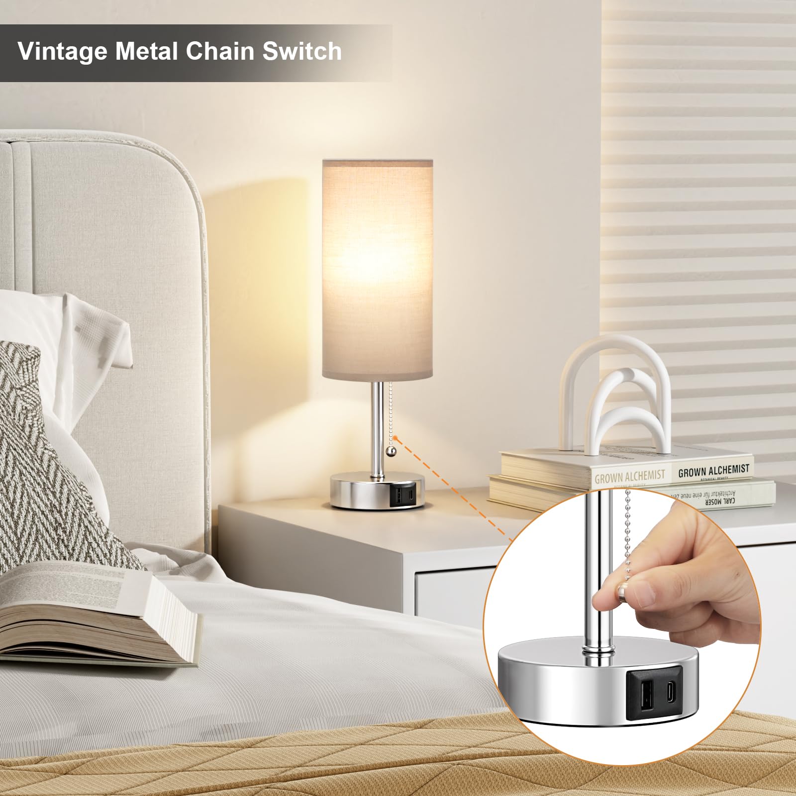 Grey Table Bedside Lamp For Bedroom Nightstand - Small Silver Lamp With Usb A + C Charging Port, 3 Color Temperatures Pull Chain