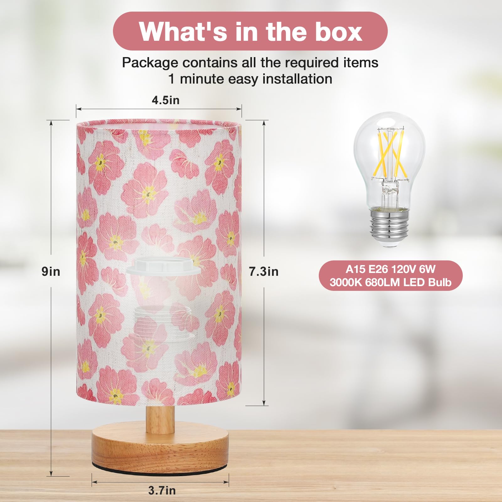 Fenmzee Cherry Table Lamp For Bedroom - Inline Control, Small Bedside Lamp With 3000K A15 Led Blub, Easy Assembly (Cherry Cream