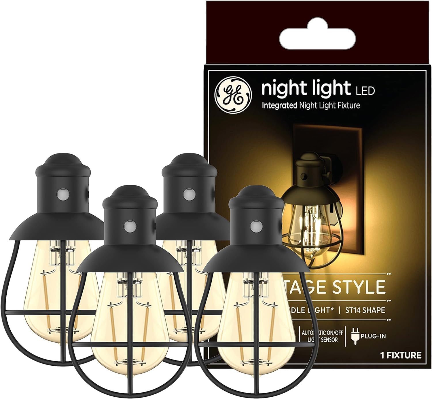 GE LED Vintage Style Night Light, Farmhouse Style Integrated LED Plug-in Fixture, Warm Candle Light (4 Pack)