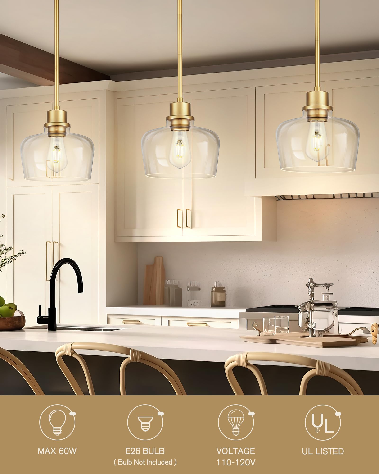 Emak 8 Inch Clear Glass Pendant Lights Kitchen Island, Modern Gold Pendant Light Fixtures For Kitchen, Bathroom, Bedroom, Dining