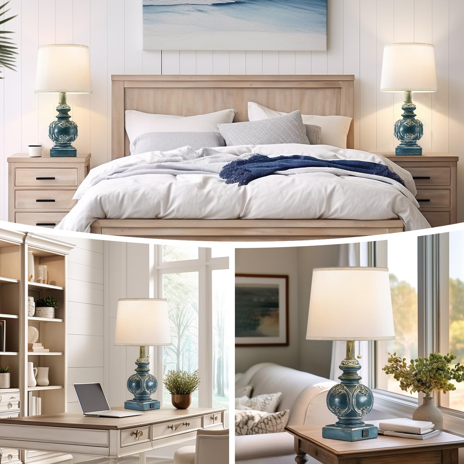 Fullarge 20.75in Farmhouse Table Lamps Set of 2, Rustic Bedside Lamps with 2 USB Ports, Antique Nightstand Lamp, Washed Blue