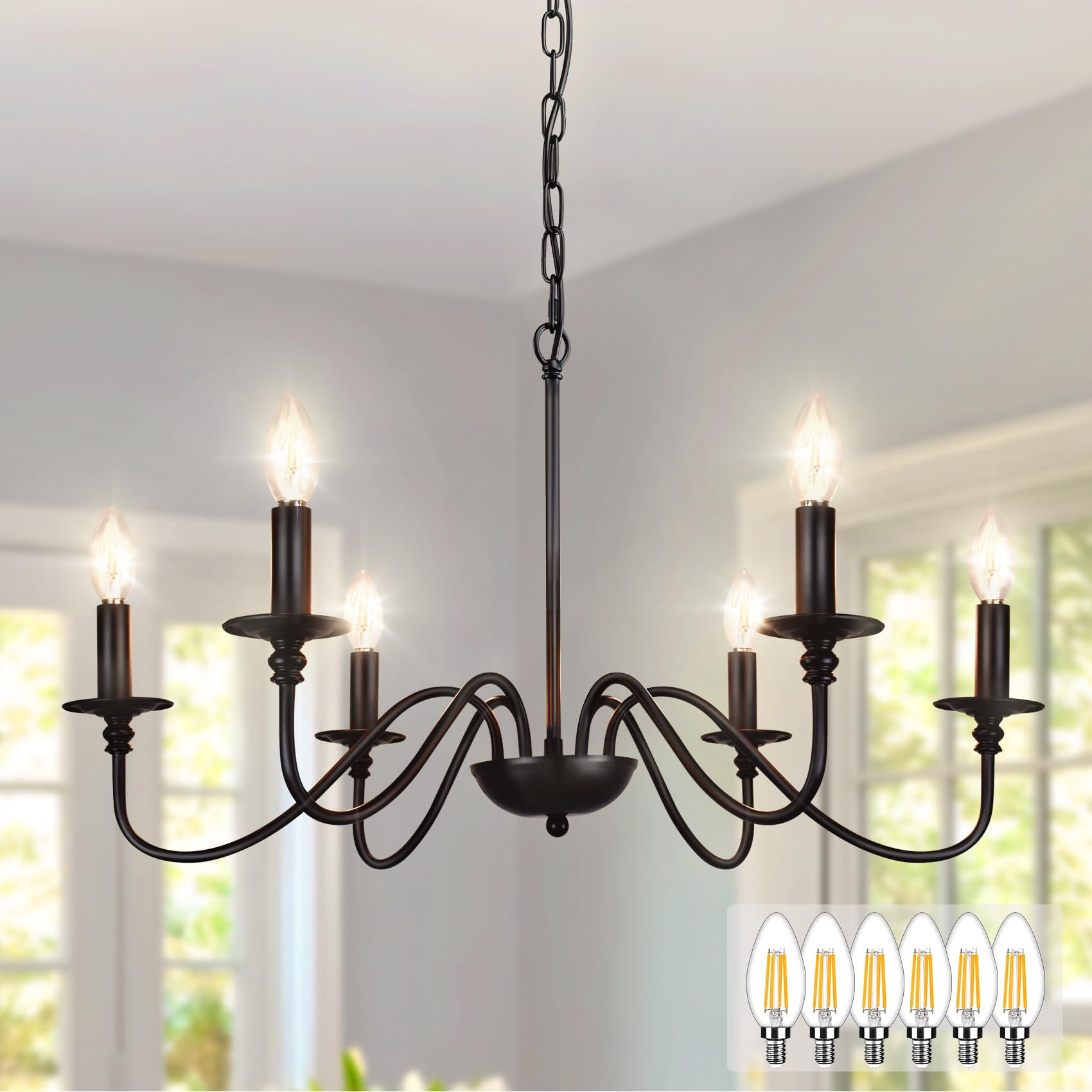 Depuley Farmhouse Chandelier for Dining Room: 6-Light Black Industrial Kitchen Island Pendant Light Fixture with 6 E12 Bulbs - R