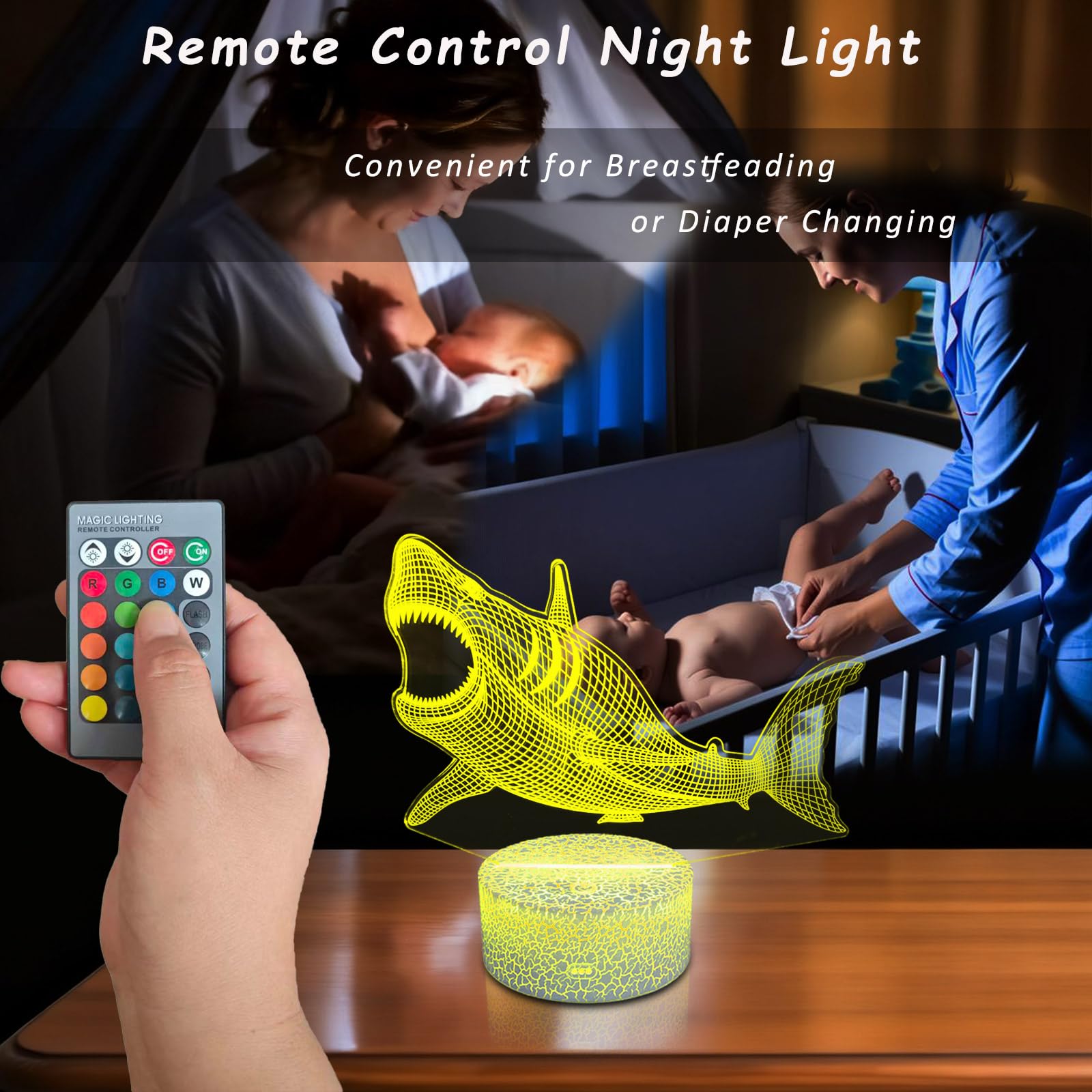 YODAFOOR Megalodon Night Light, Nursery Night Lamp for Kids, 16 Color Changing with Dimmable Remote Control, Toy Shark Gifts for