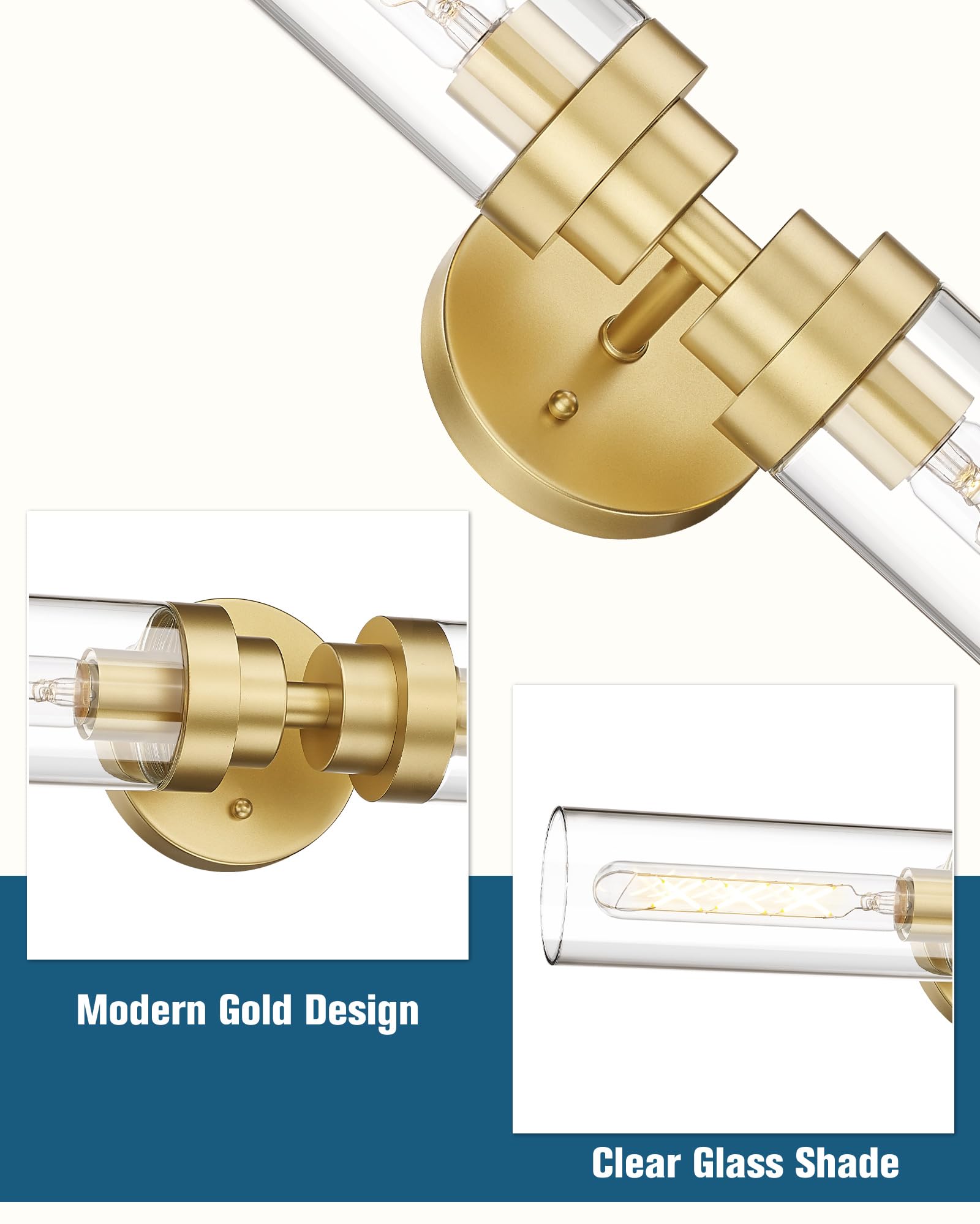 Emak 22 Inch Gold Bathroom Light Fixtures, 2-Light Cylinder Vanity Sconces with Clear Glass, Model VL085-GD-2