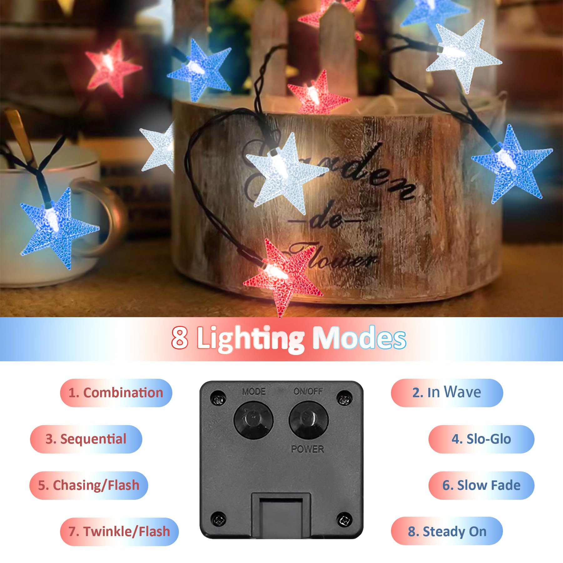 L Lampop 39Ft Solar Star String Lights - 100 Led Red, White & Blue For 4Th Of July Decor