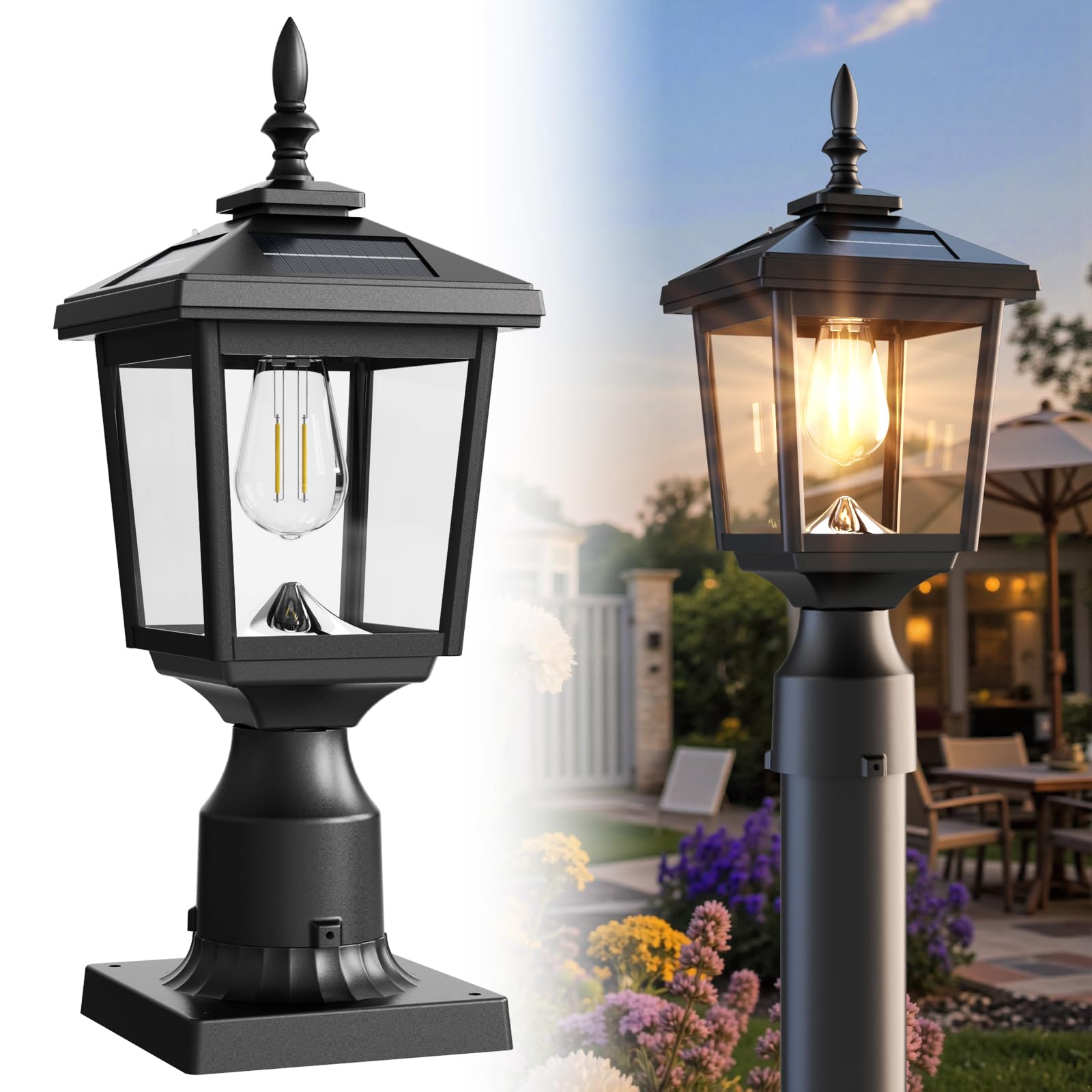 Greluna Solar Post Light Outdoor, 60 Lumens Dusk to Dawn Lamp Post Light, Solar Powered & Waterproof, Fits 6x6 Wooden Posts, 3 I