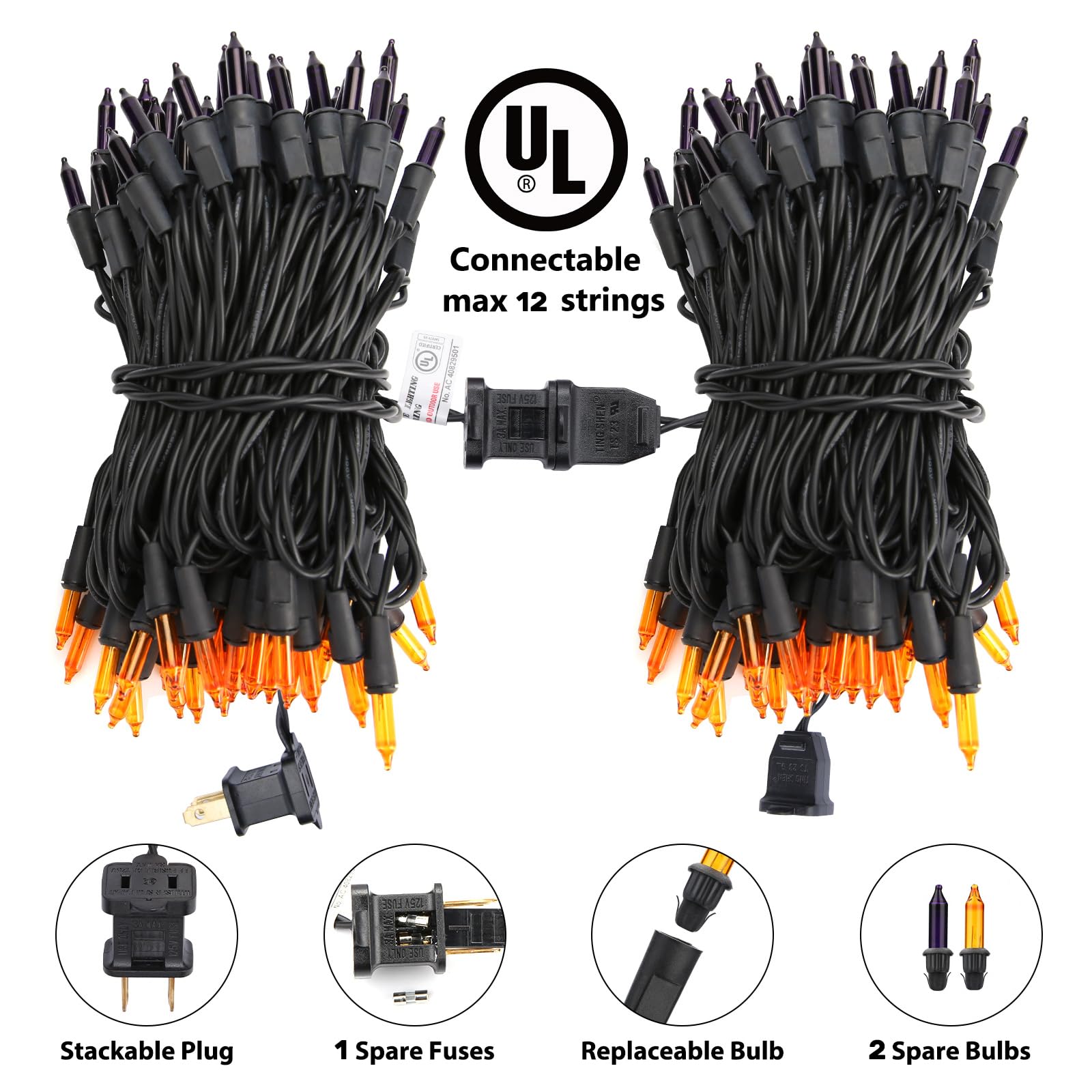 Toodour Halloween String Lights, 12.5ft, 50 Count, Orange & Purple, UL Certified, Connectable Mini Bulbs for Indoor/Outdoor Decor