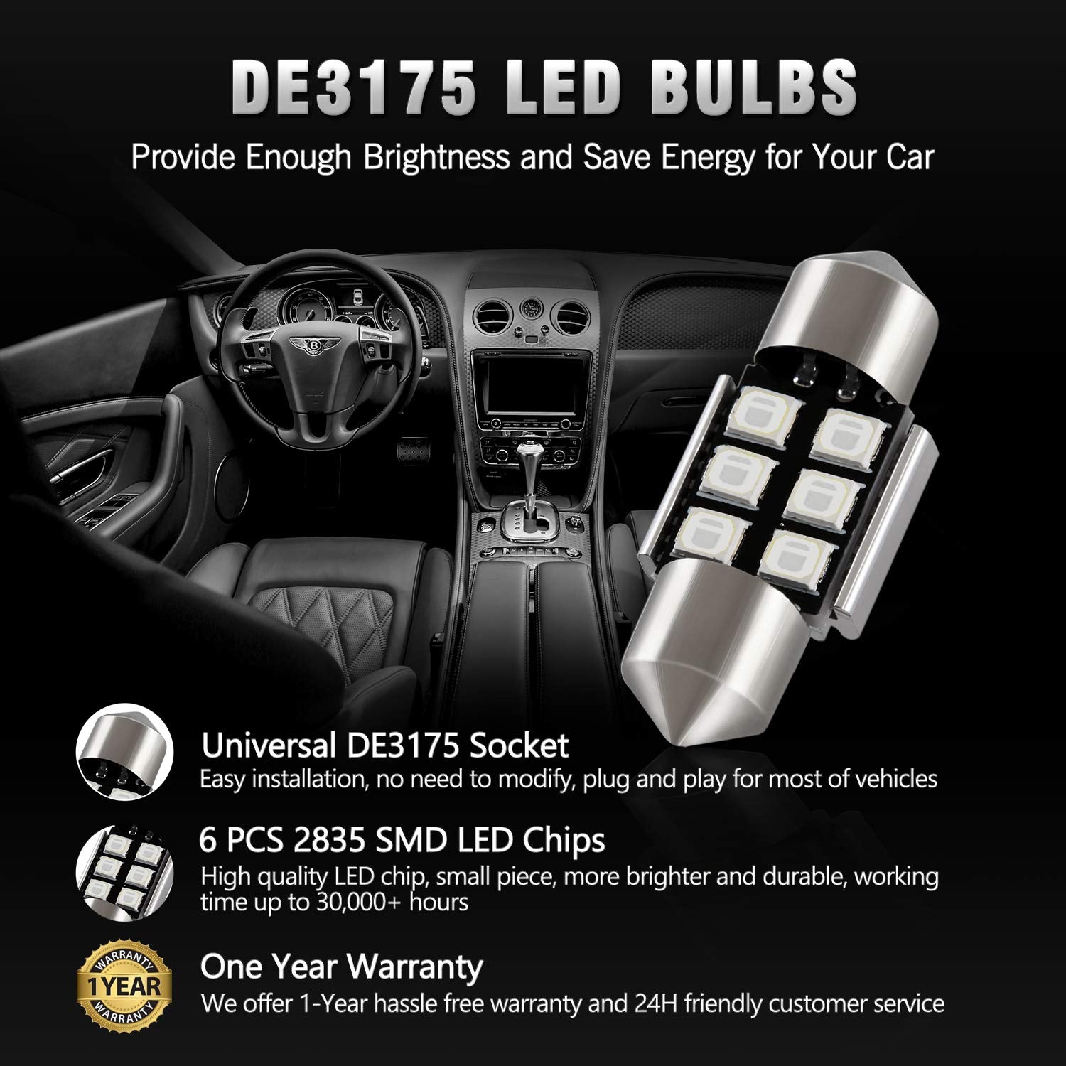 BRISHINE Festoon LED Bulbs, 2835 Chipsets, 28MM/29MM, Green, Model BRISHINE-Festoon28G-28354, Canbus Error Free